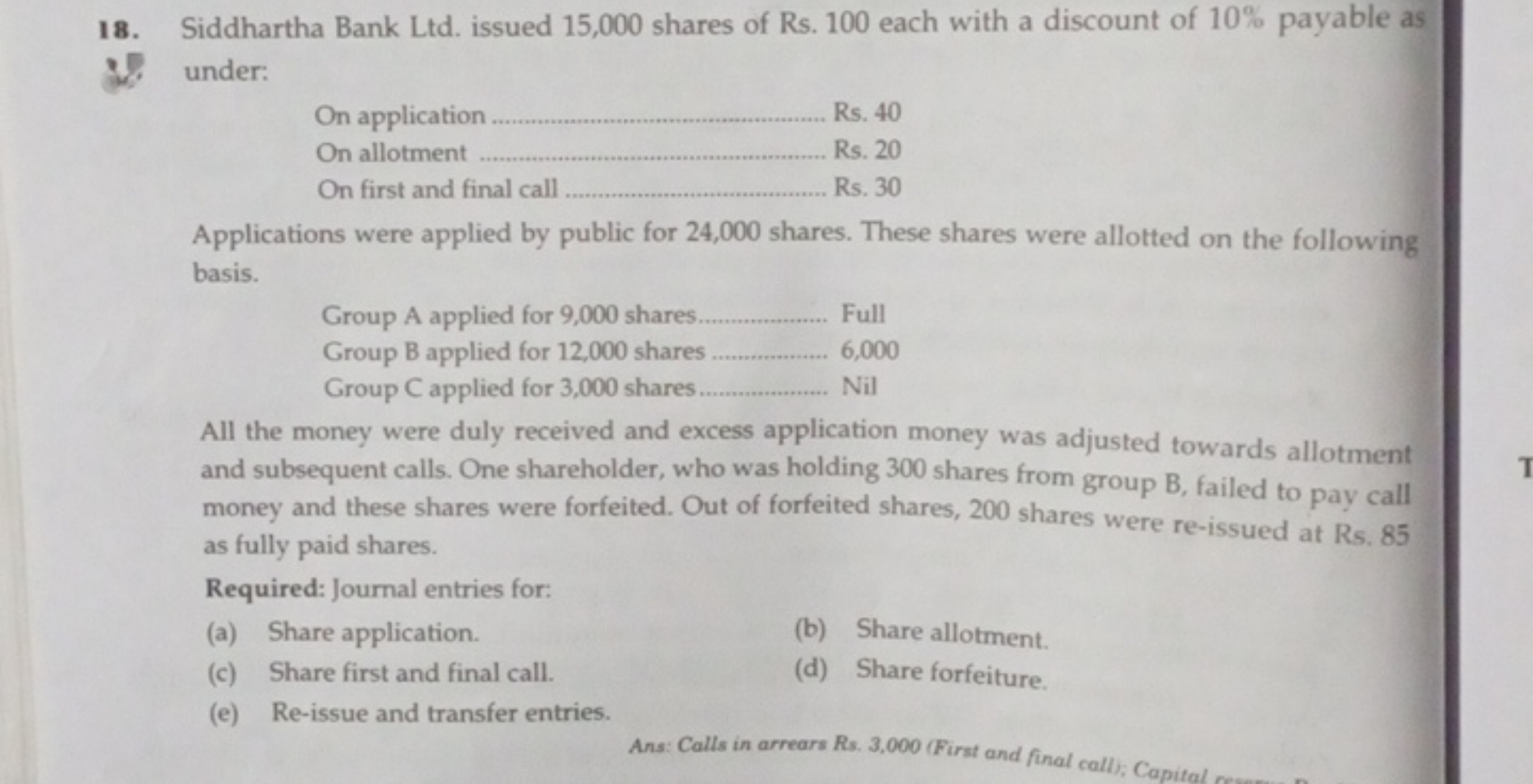 18. Siddhartha Bank Ltd. issued 15,000 shares of Rs. 100 each with a d