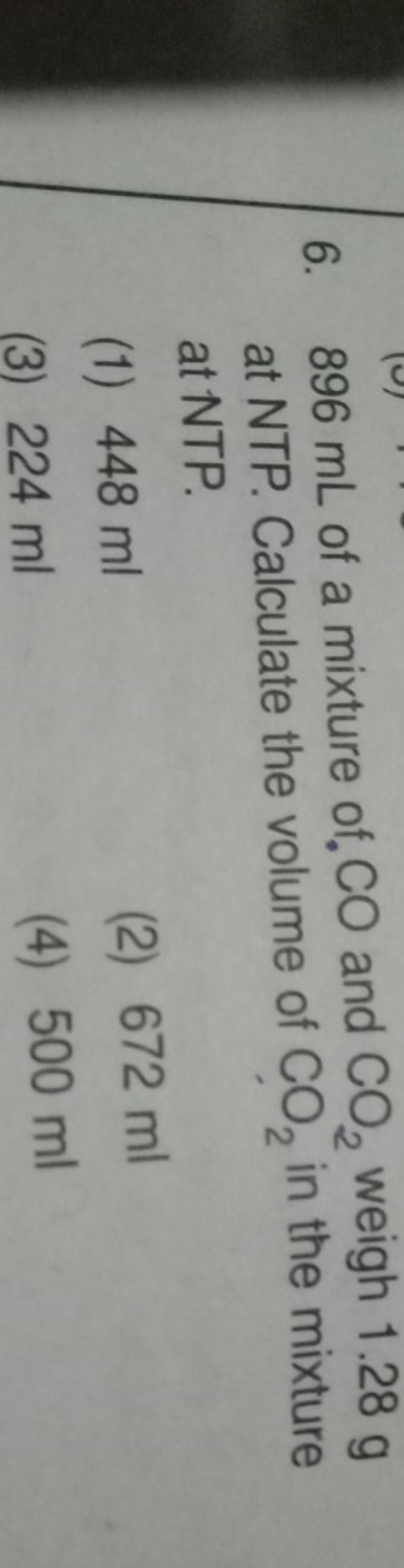 6. 896 mL of a mixture of CO and CO2​ weigh 1.28 g at NTP. Calculate t