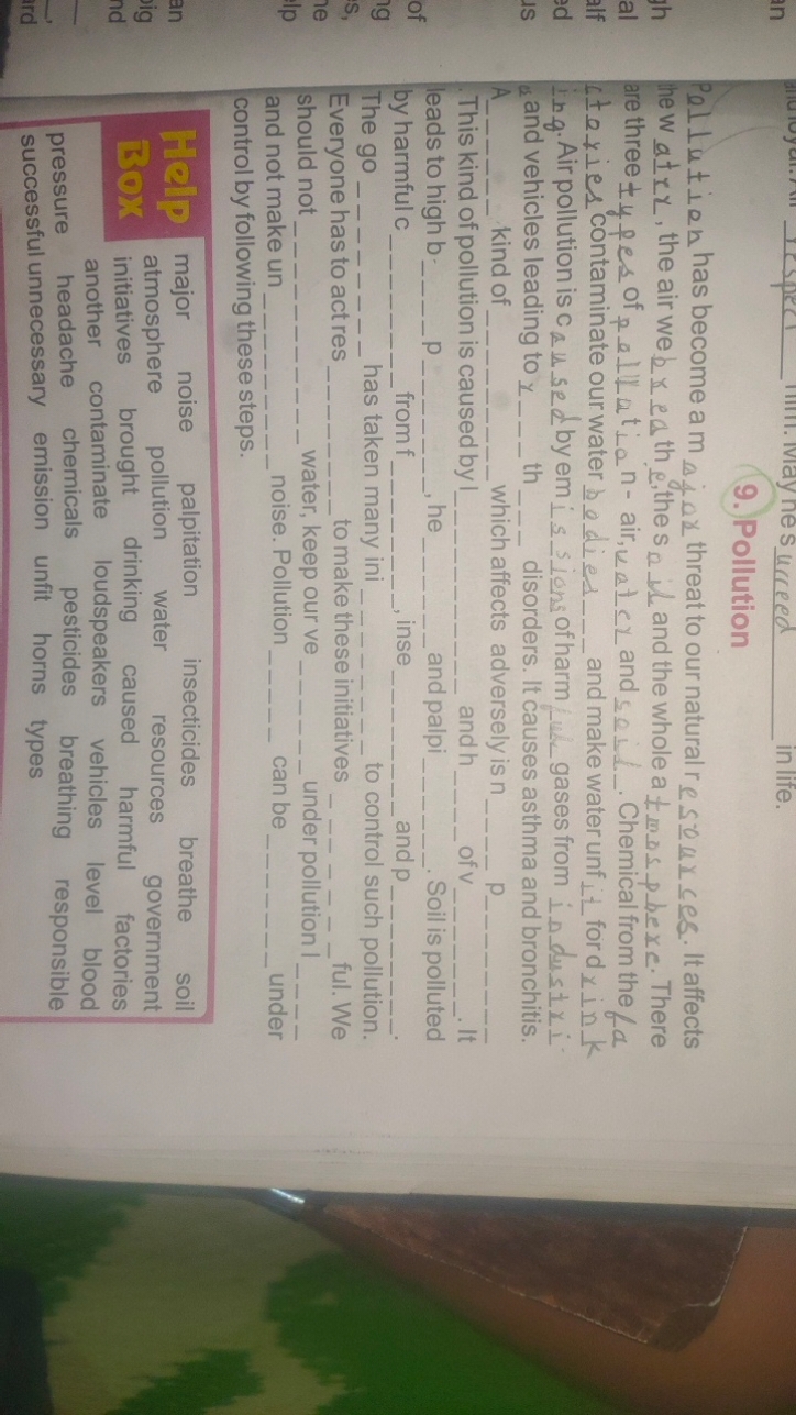 9. Pollution are three ±y pes of p⊥Lat,n - air, va±cx and sal. Chemica