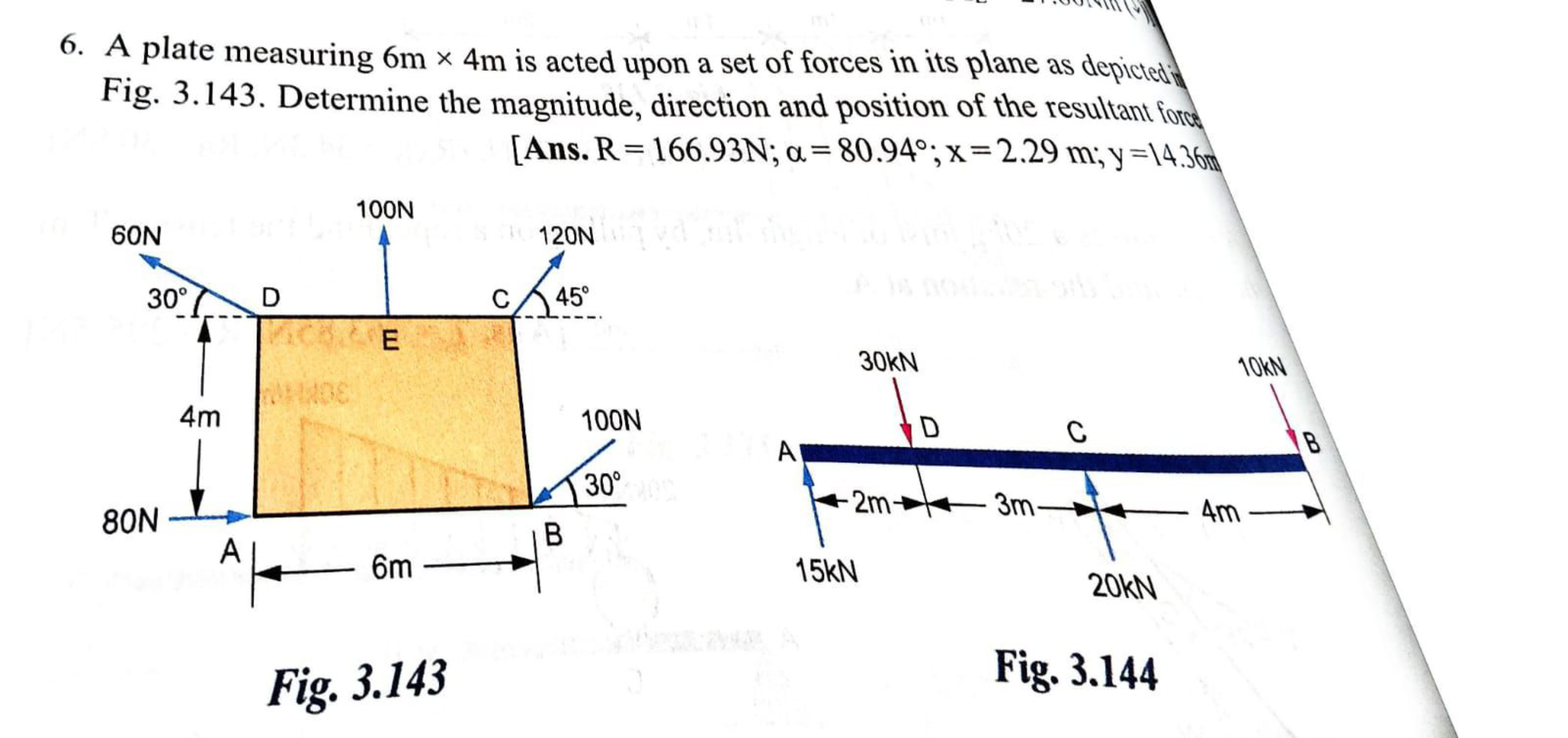 6. A plate measuring 6m x 4m is acted upon a set of forces in its plan