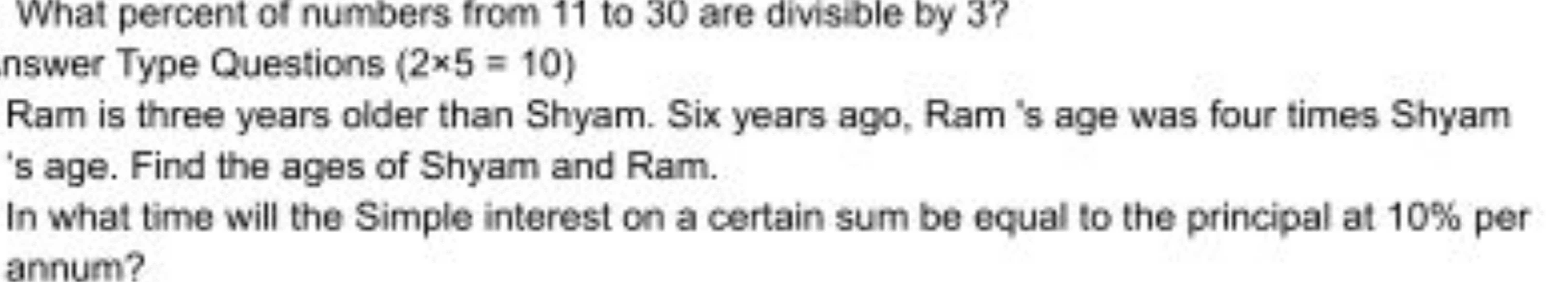 What percent of numbers from 11 to 30 are divisible by 3 ?
nswer Type 