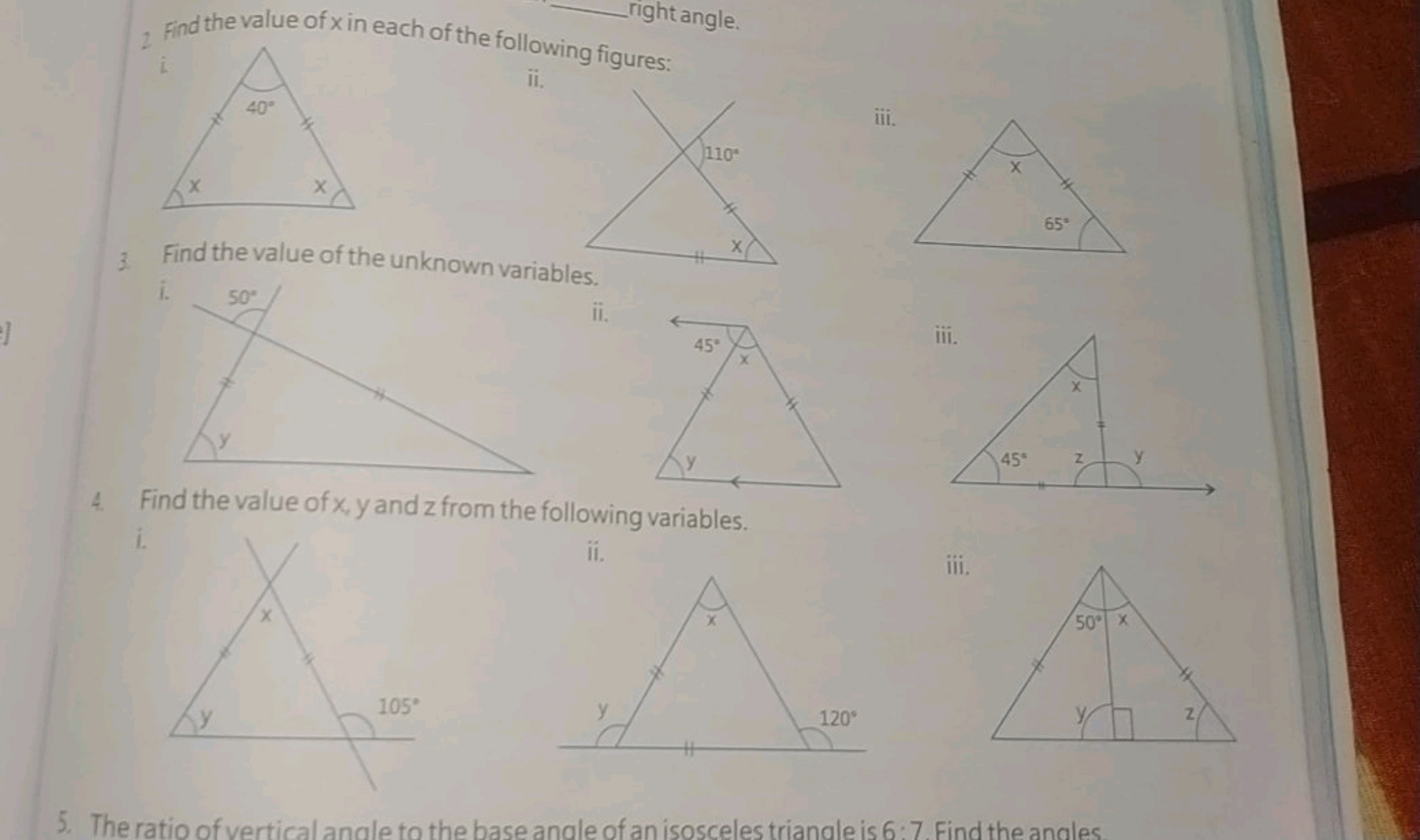 2. Find the value of x in each of the following figures:
right angle.
