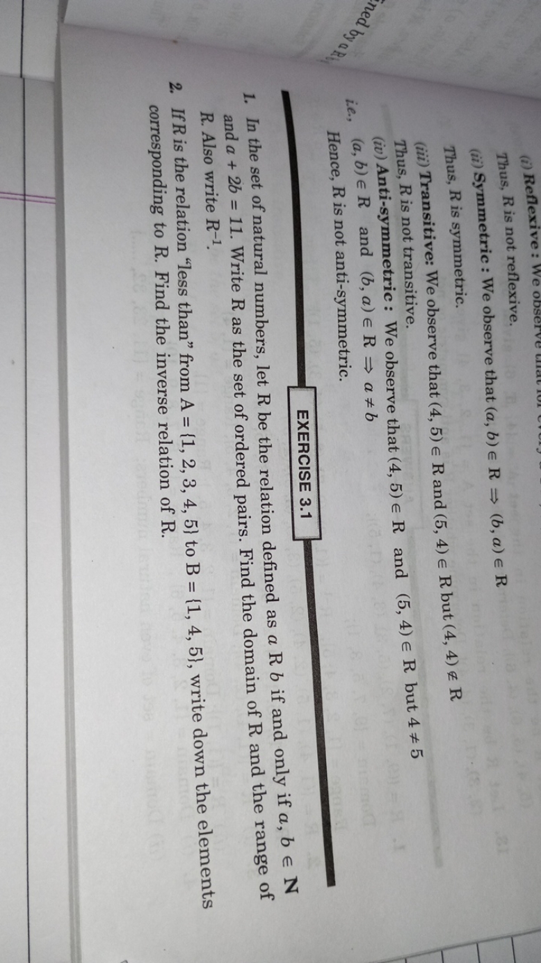 Thus, R is not reflexive.
(ii) Symmetric : We observe that (a,b)∈R⇒(b,