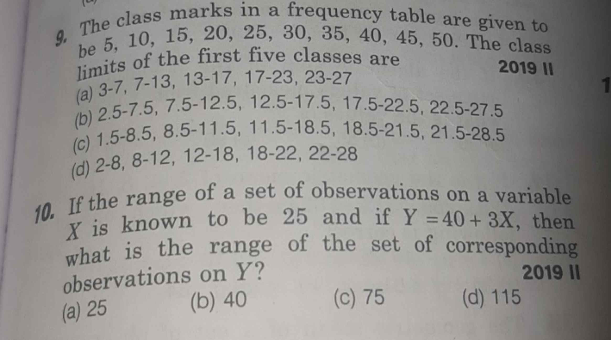 9. The class marks in a frequency table are given to be 5,10,15,20,25,