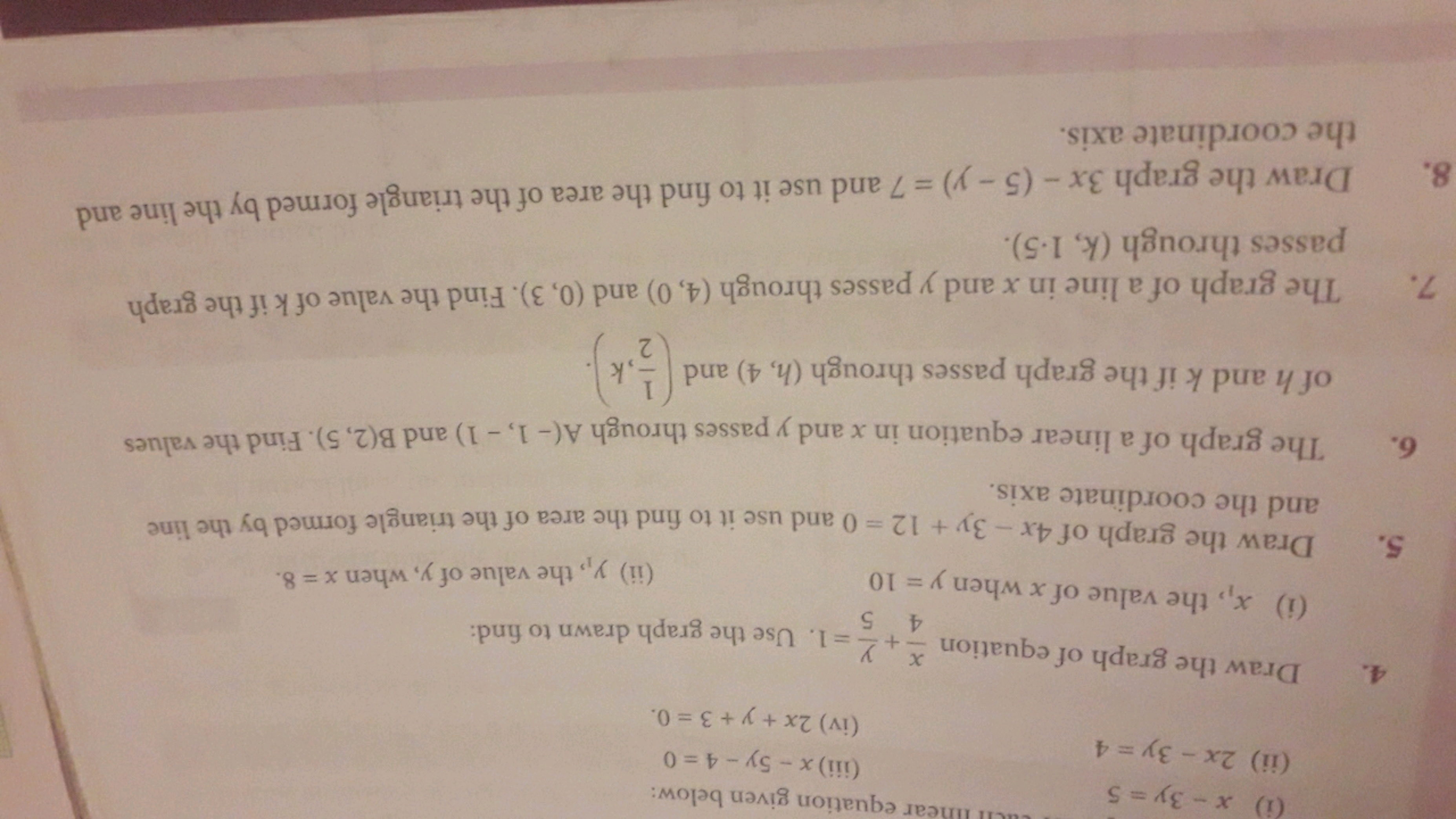 (i) x−3y=5
(ii) 2x−3y=4
(iii) x−5y−4=0
(iv) 2x+y+3=0
4. Draw the graph