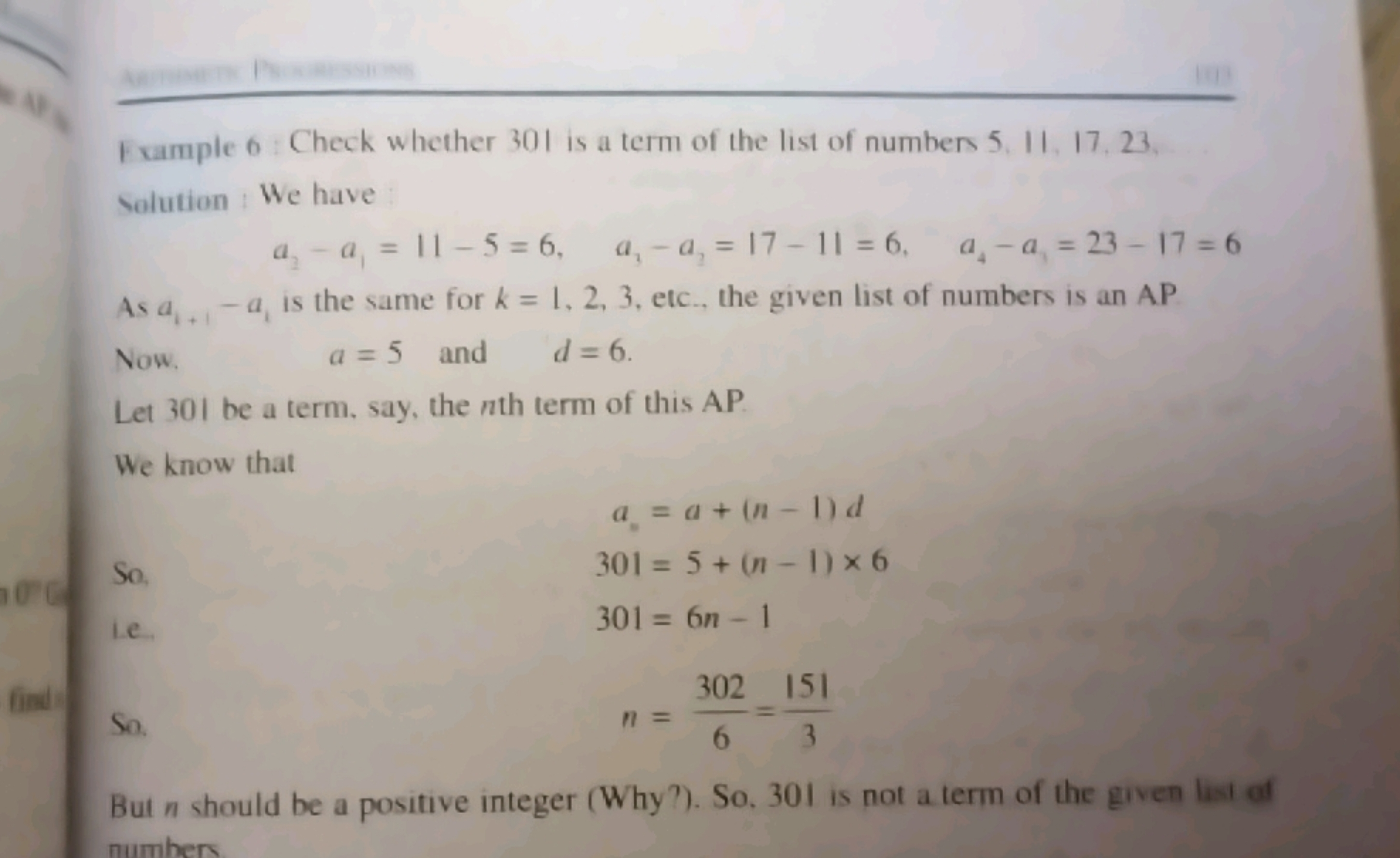 F xample 6 : Check whether 301 is a term of the list of number 5,11,17