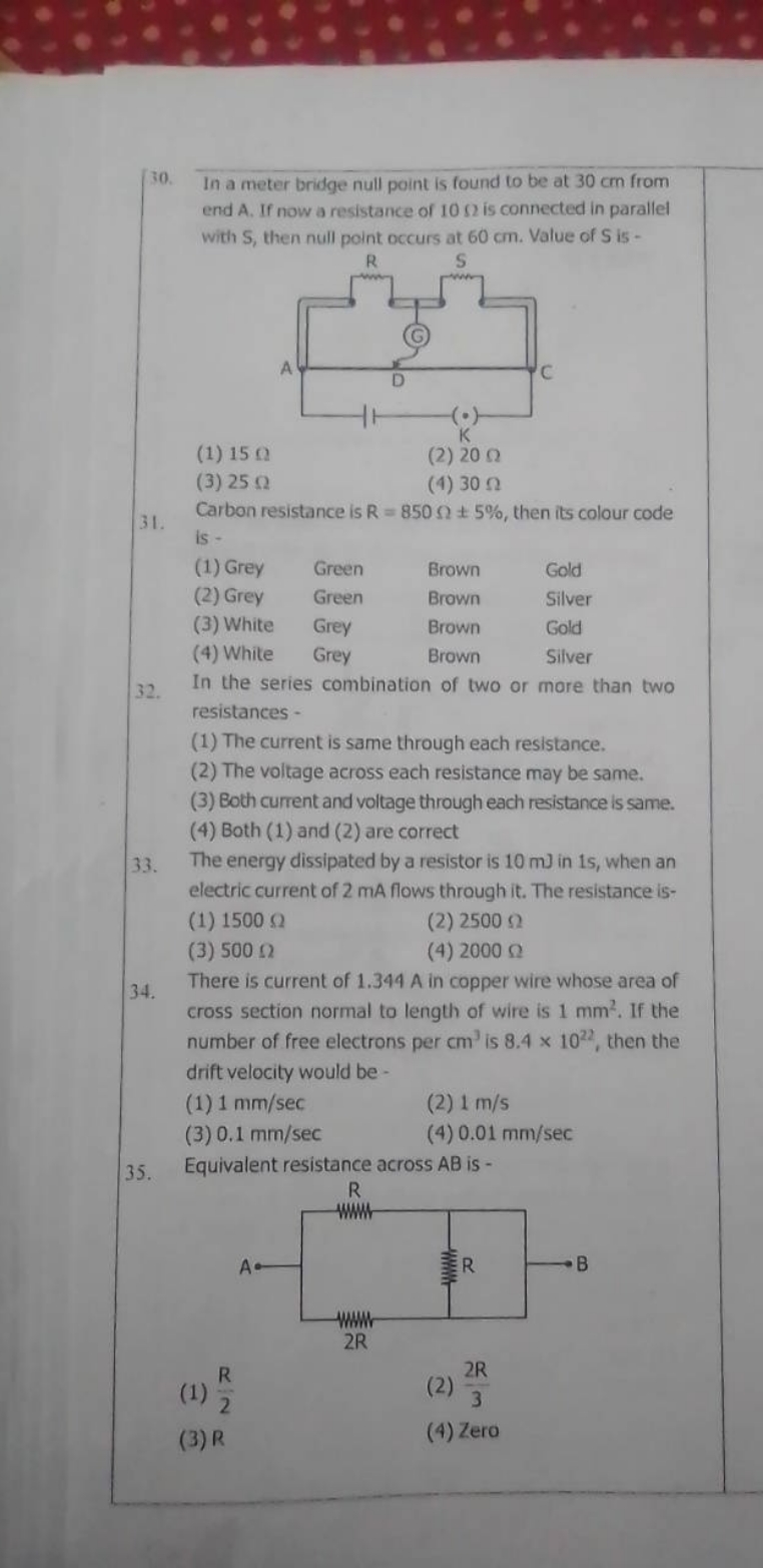 30. In a meter bridge null point is found to be at 30 cm from end A. I