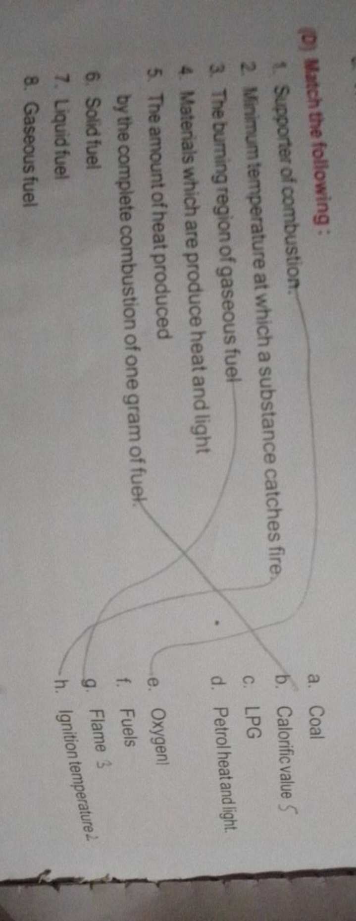 (D) Match the following:
a. Coal
1. Supponter of combustion.
2. Minimu