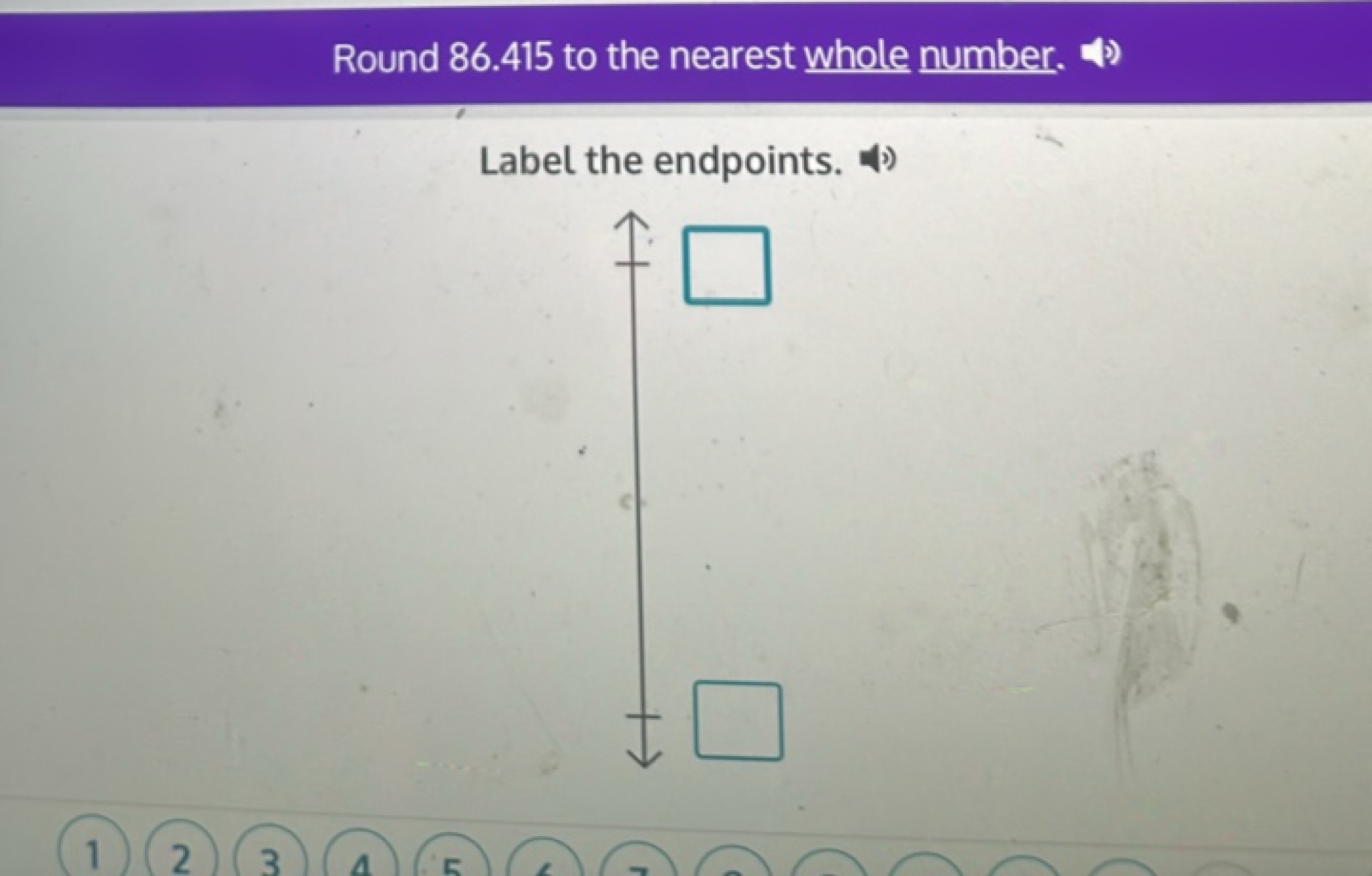 Round 86.415 to the nearest whole number.

Label the endpoints.