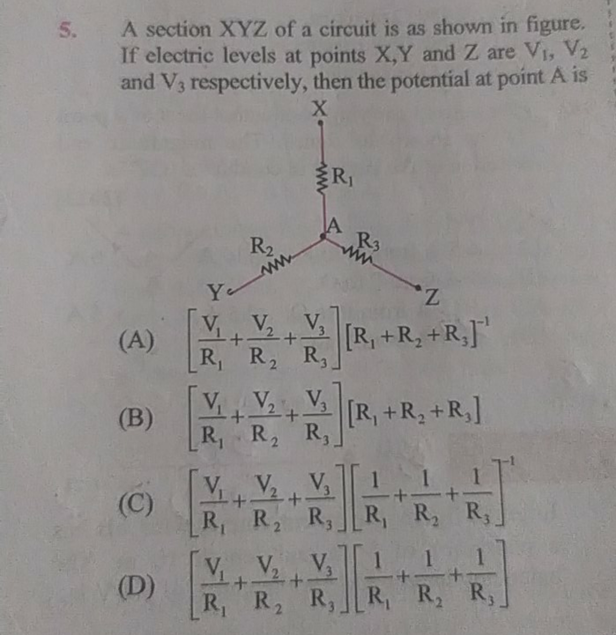 5. A section XYZ of a circuit is as shown in figure. If electric level