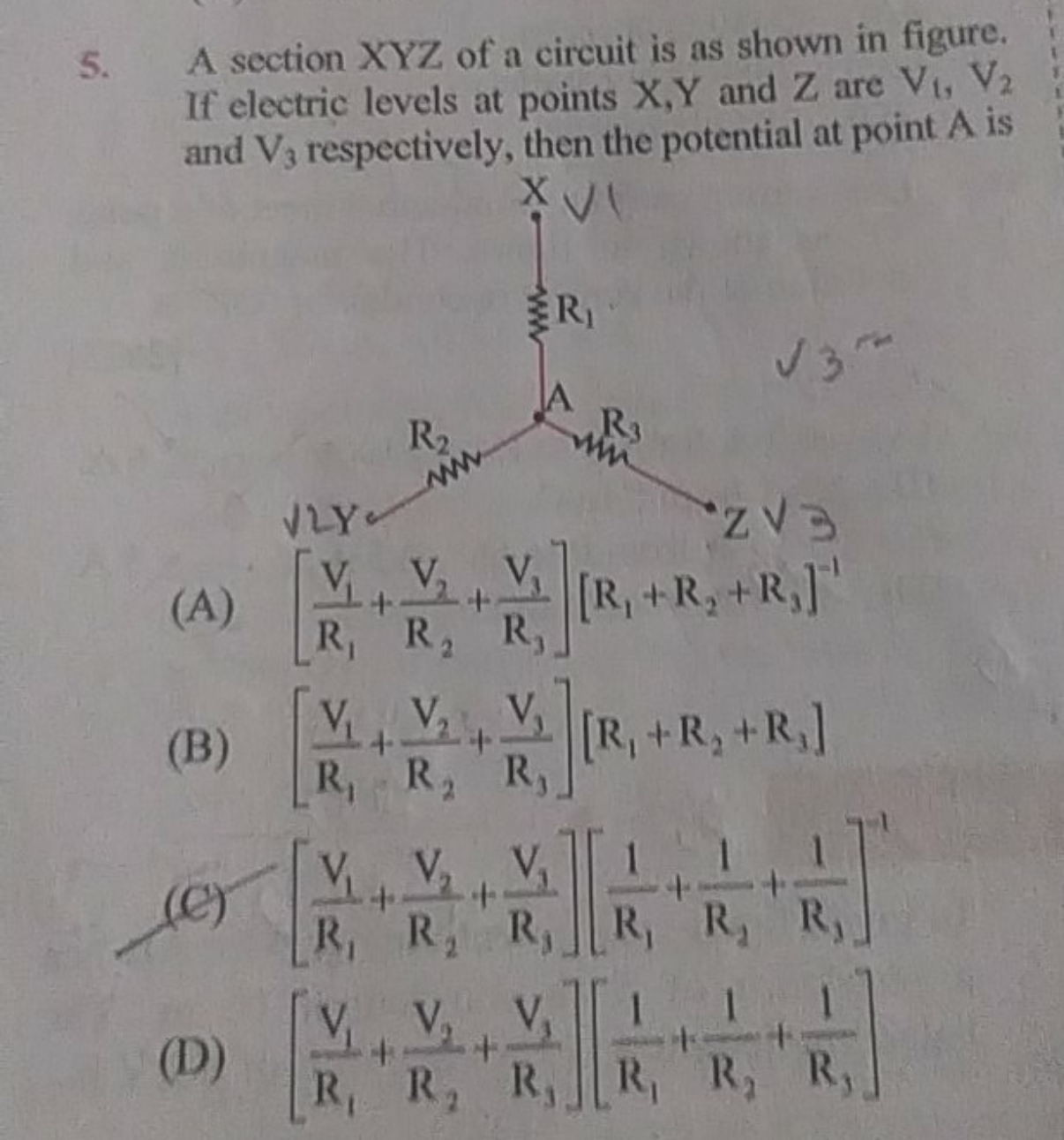 5. A section XYZ of a circuit is as shown in figure. If electric level