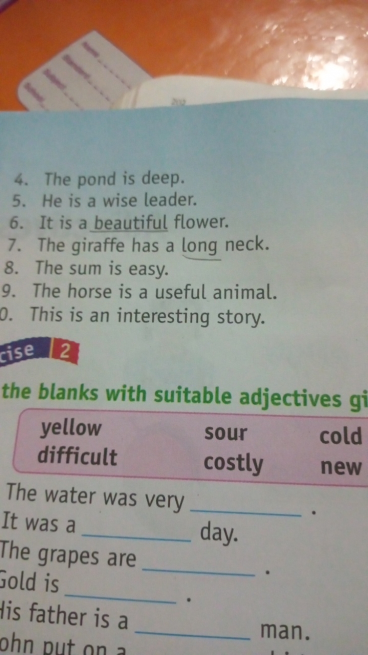 4. The pond is deep.
5. He is a wise leader.
6. It is a beautiful flow