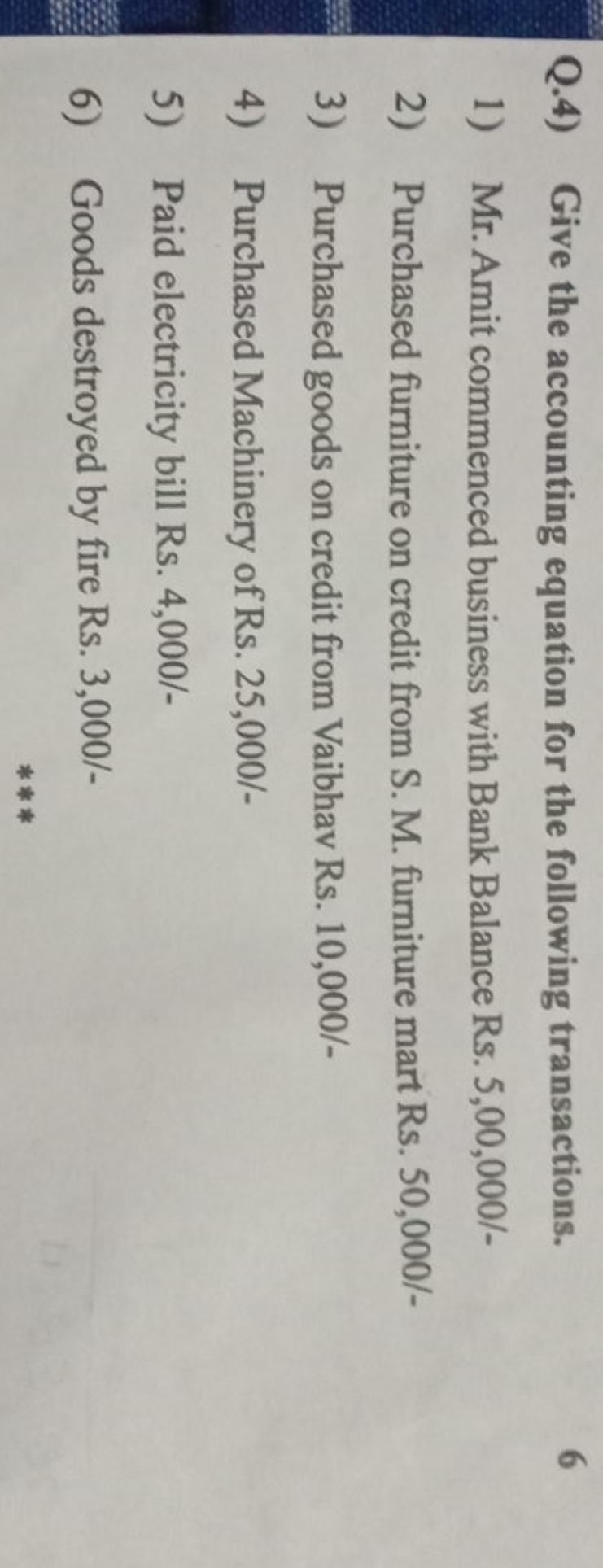 Q.4) Give the accounting equation for the following transactions.
6
1)