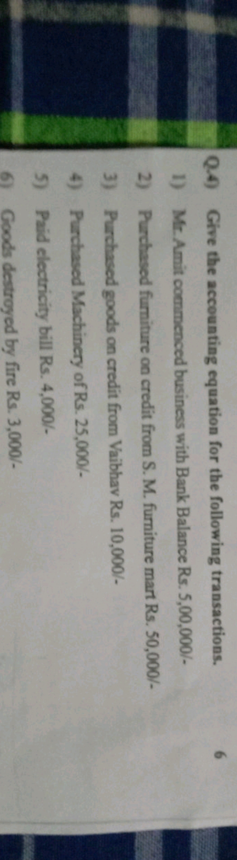 Q.4) Give the accounting equation for the following transactions.
6
1)