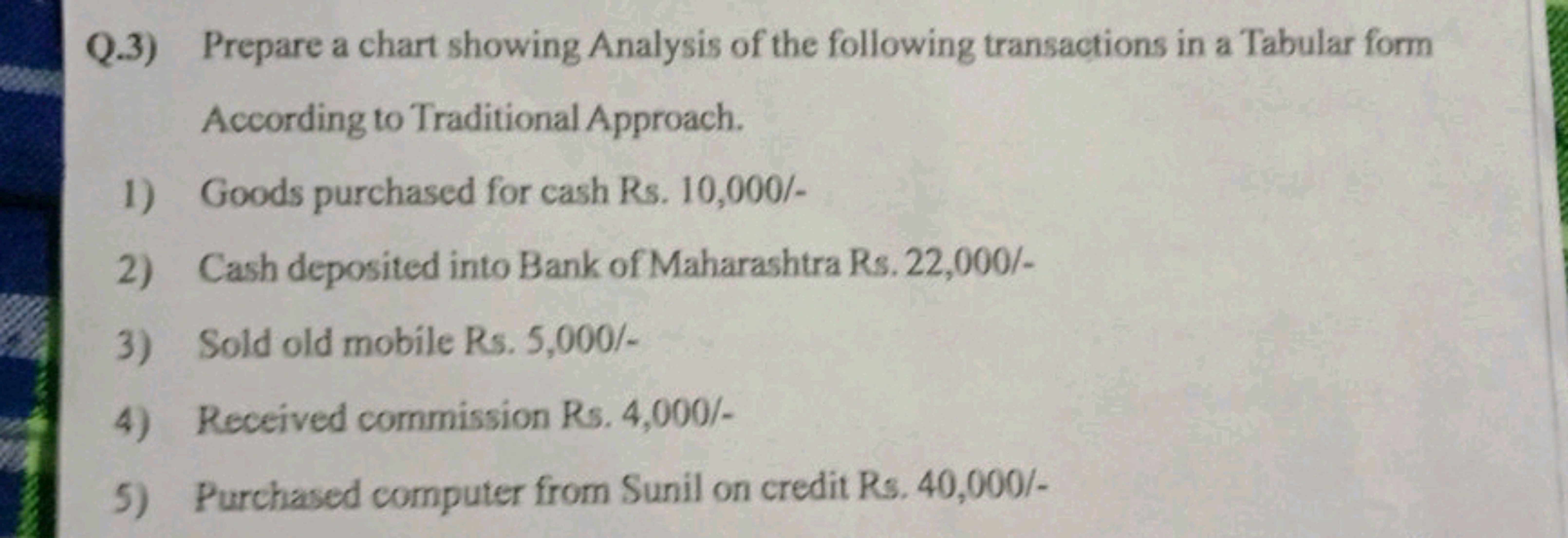 Q.3) Prepare a chart showing Analysis of the following transactions in