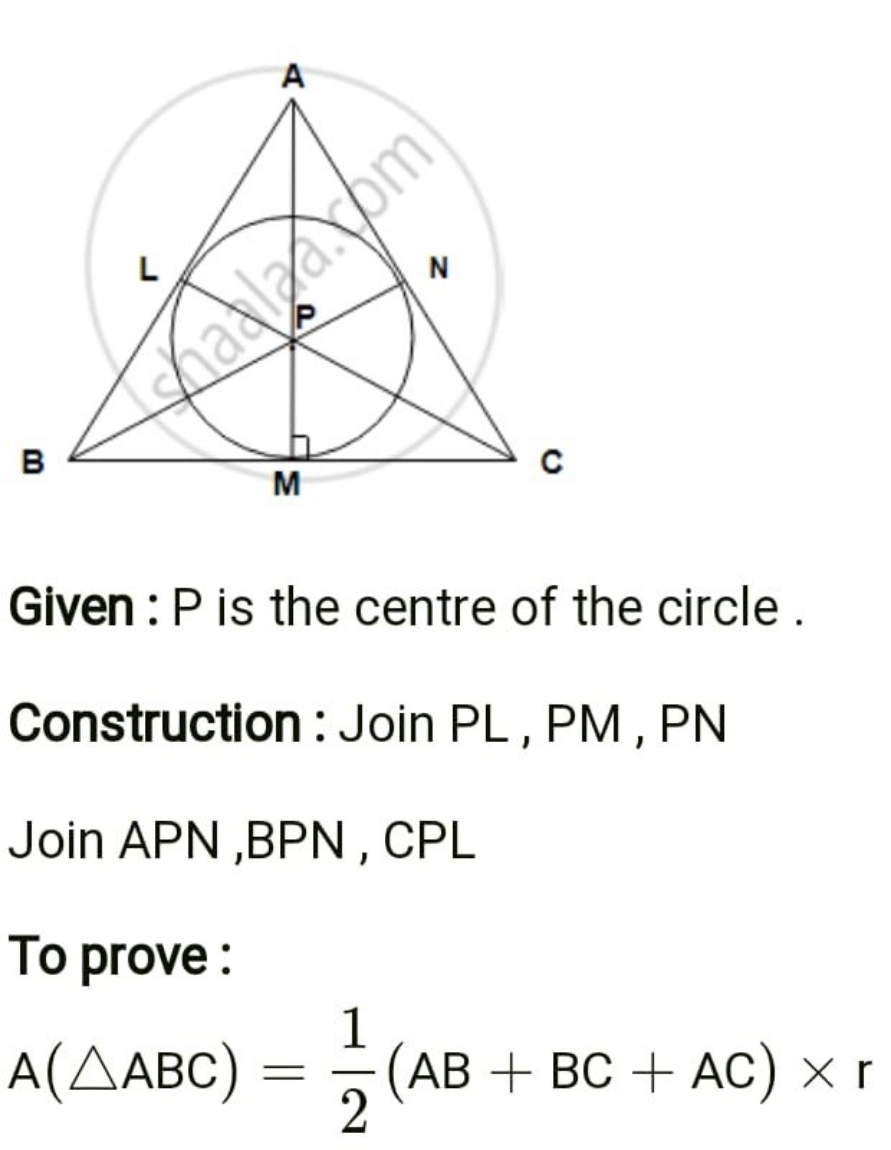 Given: P is the centre of the circle .
Construction: Join PL , PM , PN