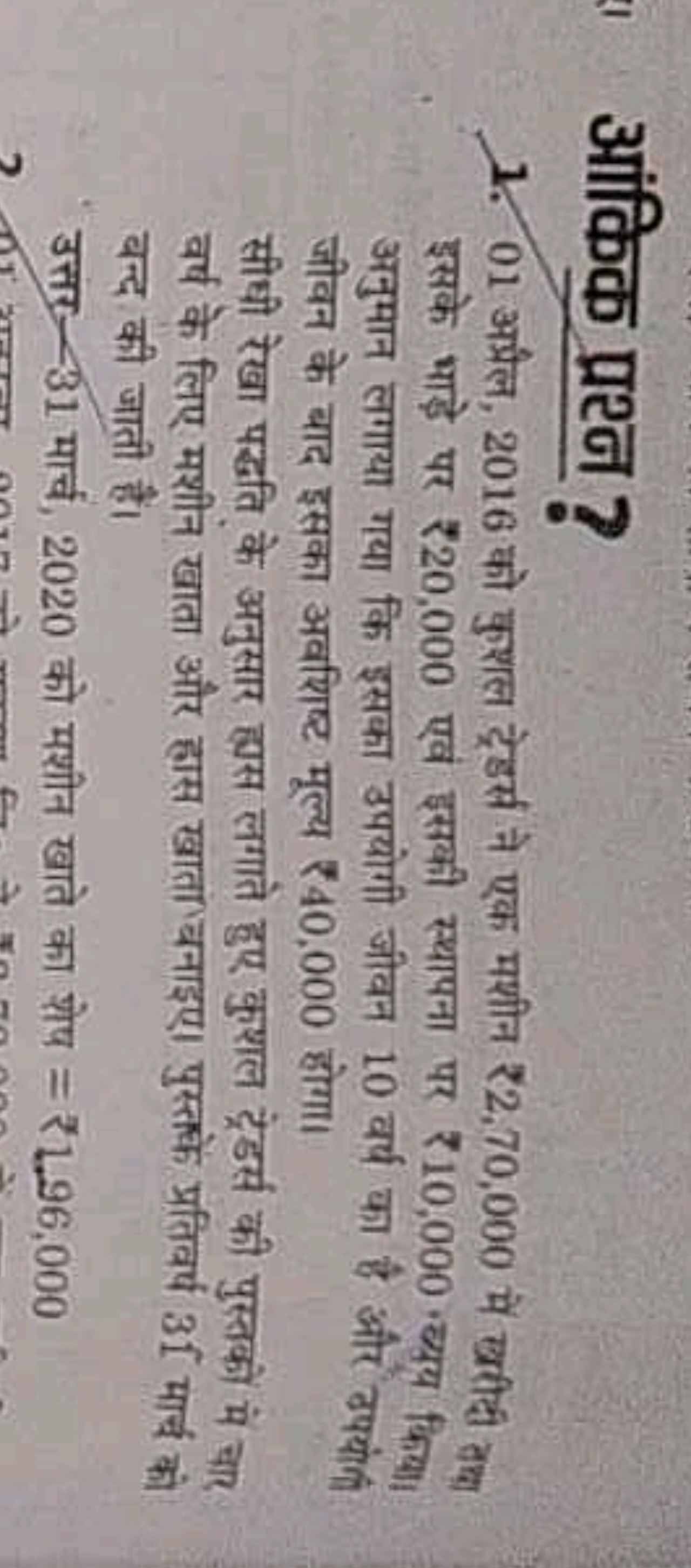 आंकिक्म प्रश्न ?
1. 01 अम्रैल, 2016 को कुशल ट्रेडर्स ने एक मशीन ₹2,70,