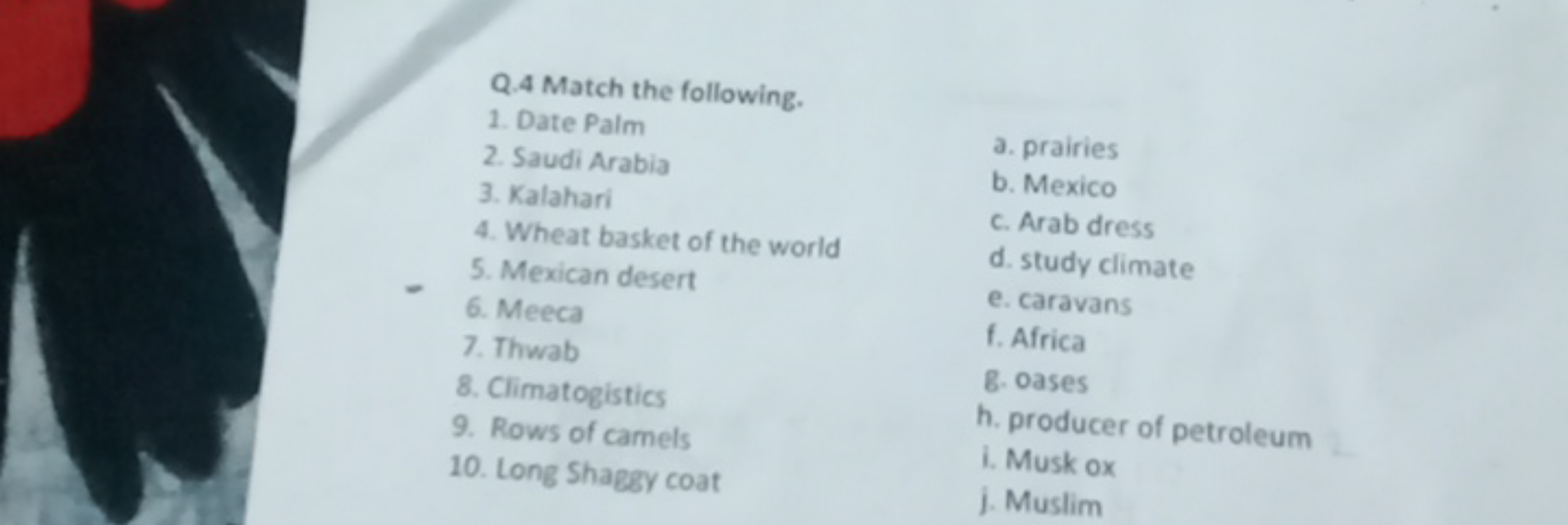 Q. 4 Match the following.
1. Date Palm
2. Saudi Arabia
a. prairies
3. 