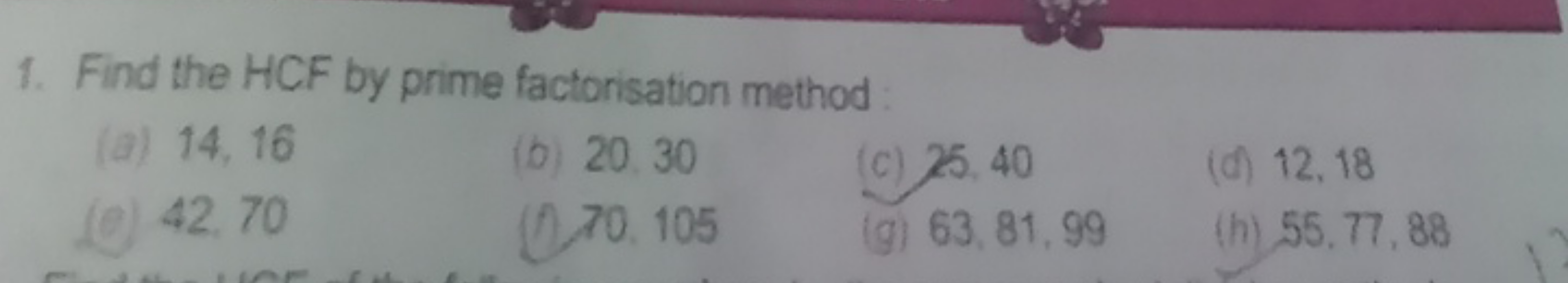 1. Find the HCF by prime factorisation method
(a) 14.16
(b) 2030
(c) 2