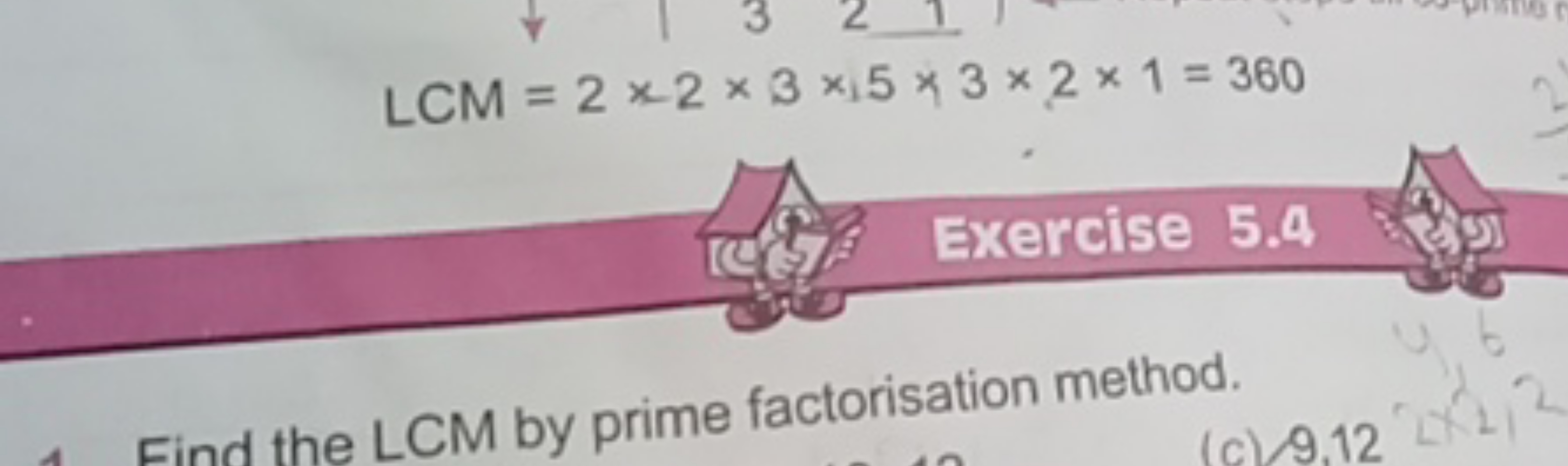  LCM =2×2×3×15×3×2×1=360
Exercise 5.4

Find the LCM by prime factorisa