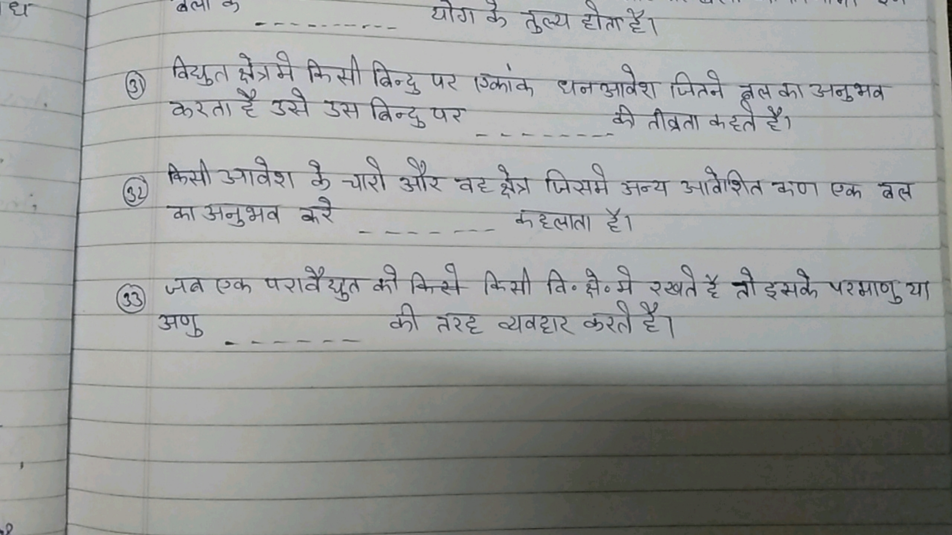 योग के तुल्य होता है।
(3) विद्युत क्षेत्र मे किसी बिन्दु पर एकांक धनआव