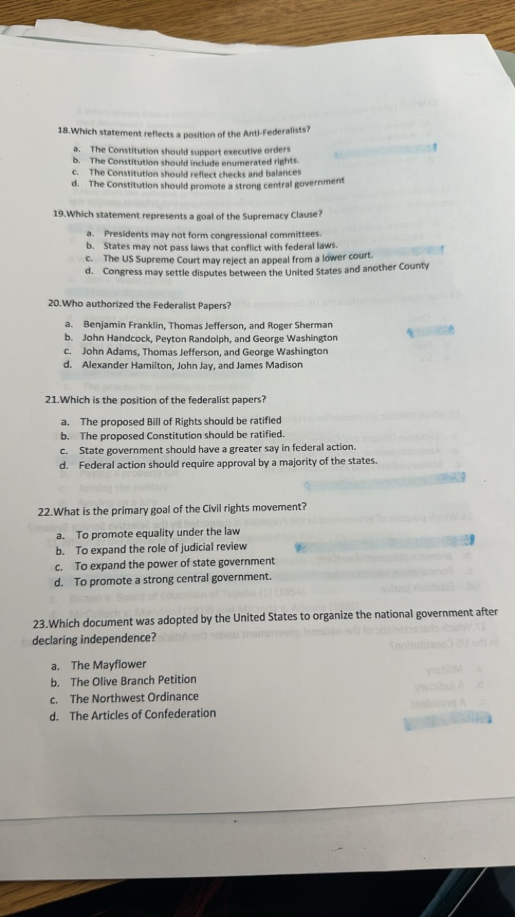 18. Which statement reflects a position of the Anti-Federalists?
a. Th