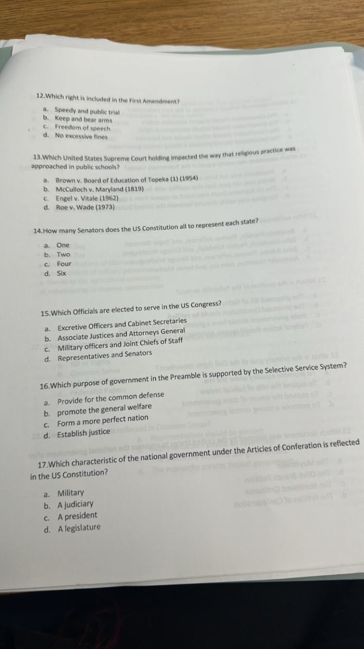 12. Which right is included in the First Amendment?
a. Speedy and publ