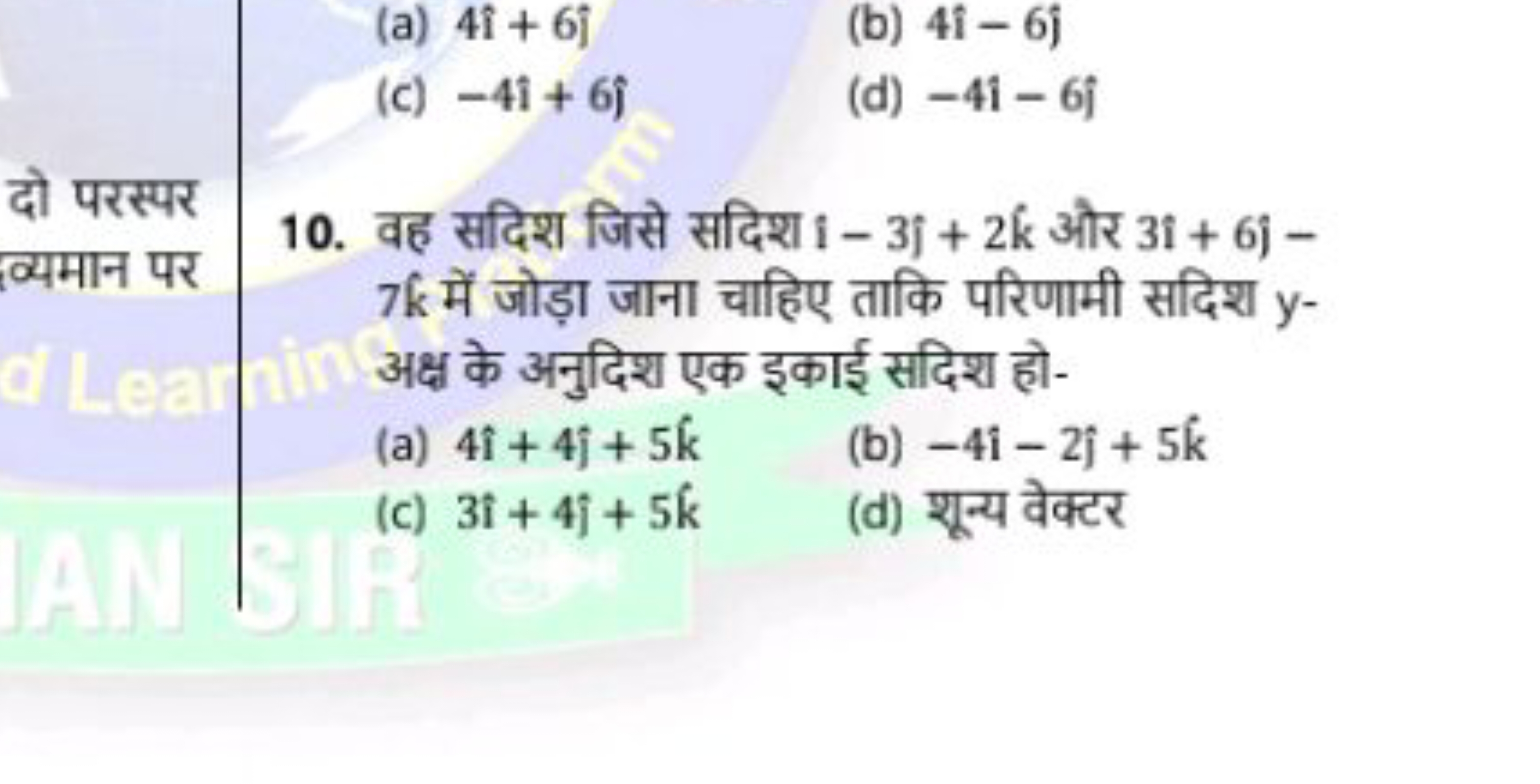 (a) 4i^+6^​
(b) 4i^−6j^​
(c) −4i^+6j^​
(d) −4i^−6j^​
10. वह सदिश जिसे