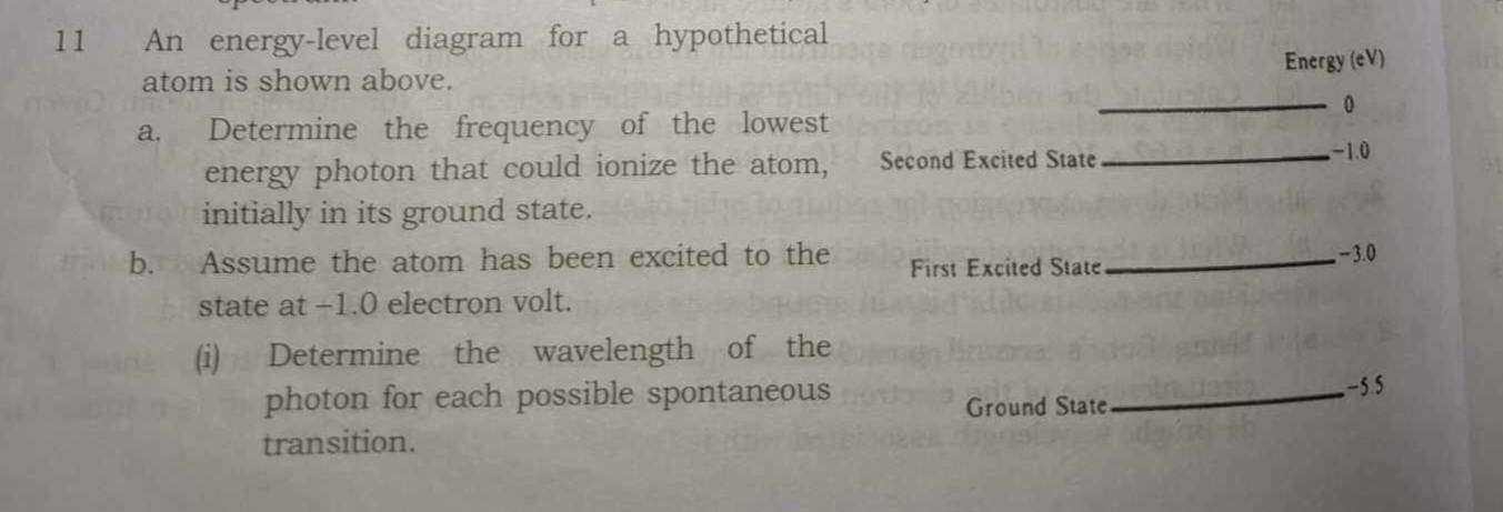 11 An energy-level diagram for a hypothetical atom is shown above.
a. 