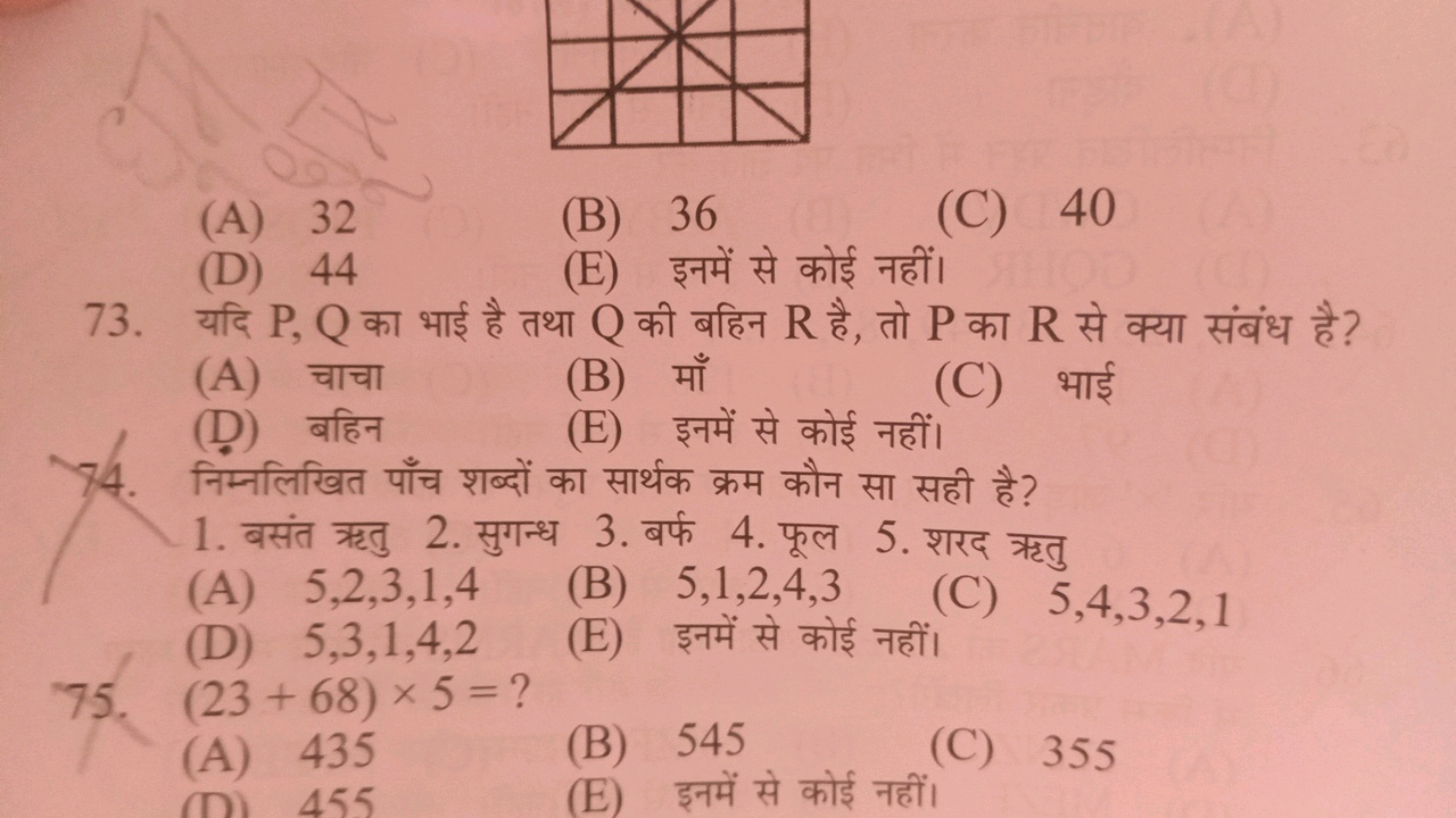 (A) 32
(B) 36
(C) 40
(D) 44
(E) इनमें से कोई नहीं।
73. यदि P,Q का भाई 