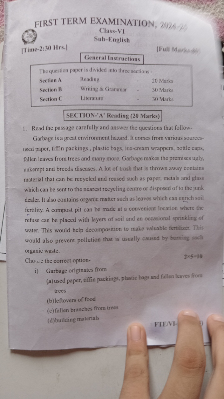 FIRST TERM EXAMINATION, 292 A
Class-VI
Sub-English
[Time-2:30 Hrs.]
[F