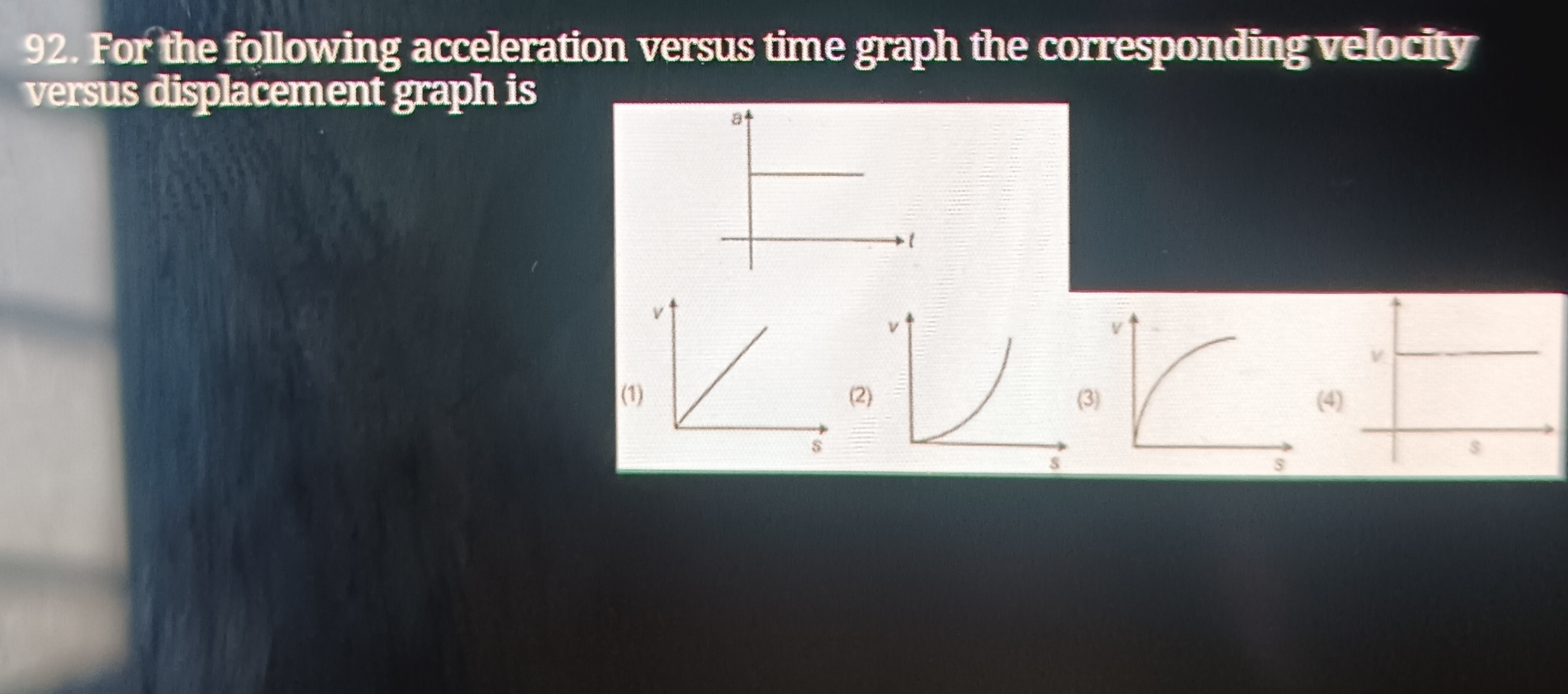 92. For the following acceleration versus time graph the corresponding