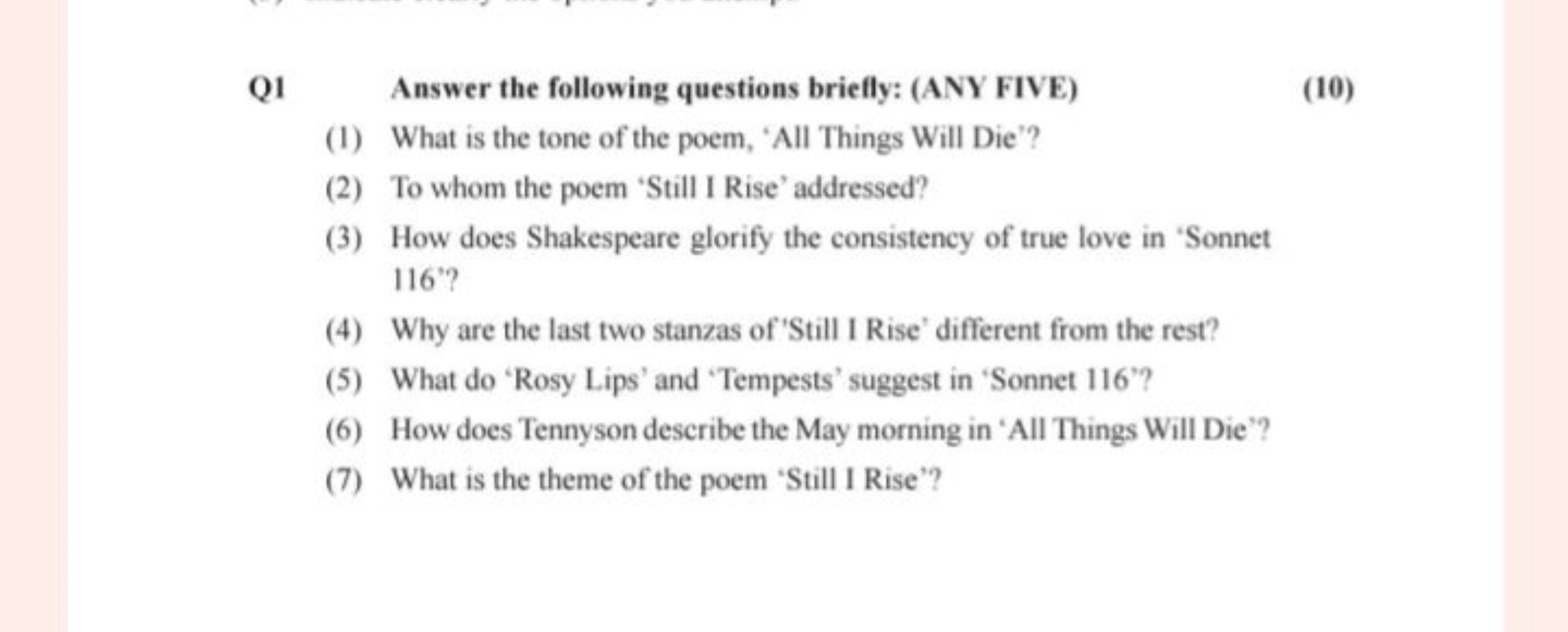 Q1 Answer the following questions briefly: (ANY FIVE)
(1) What is the 