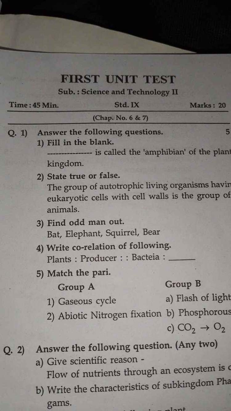 FIRST UNIT TEST
Sub. : Science and Technology II
Time : 45 Min .
Std. 