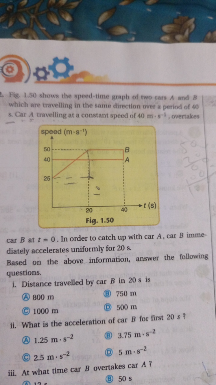 Fig. 1.50 shows the speed-time graph of two cars A and B which are tra