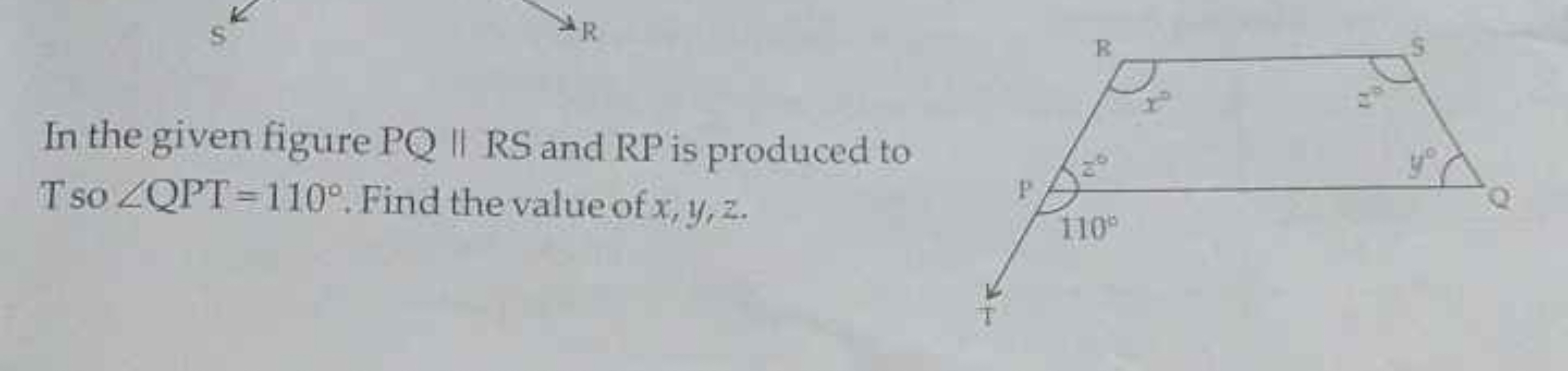 In the given figure PQ∥RS and RP is produced to T so ∠QPT=110∘. Find t