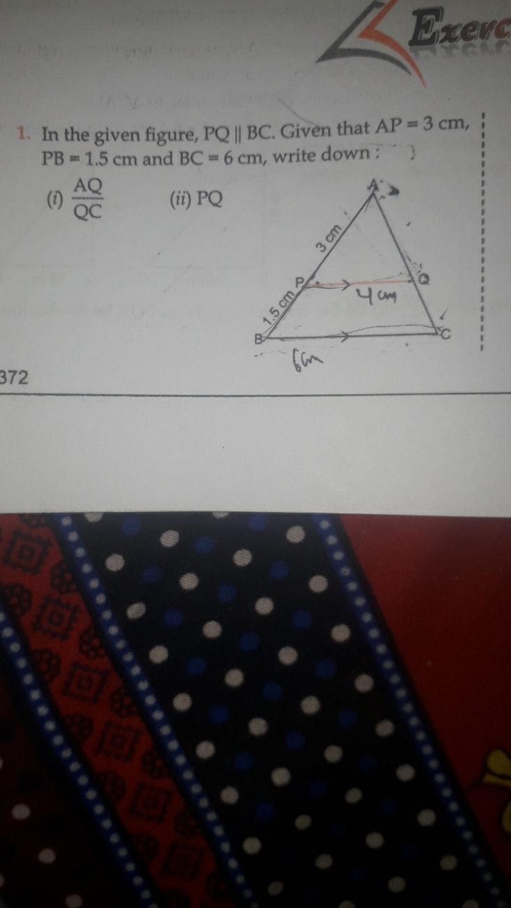 Exerc
1. In the given figure, PQ∥BC. Given that AP=3 cm, PB=1.5 cm and