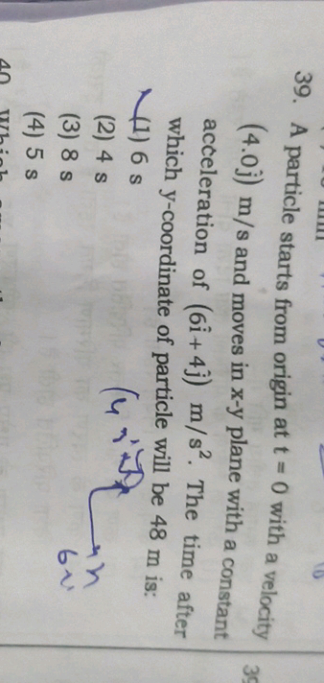 39. A particle starts from origin at t=0 with a velocity (4.0j^​)m/s a