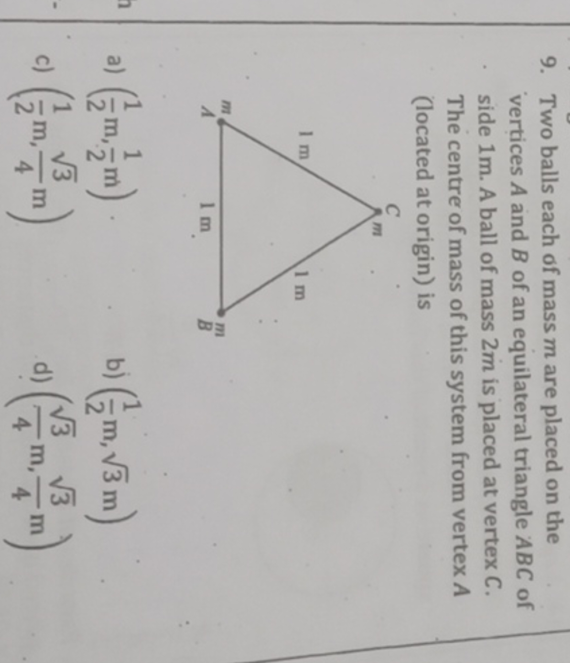 9. Two balls each of mass m are placed on the vertices A and B of an e