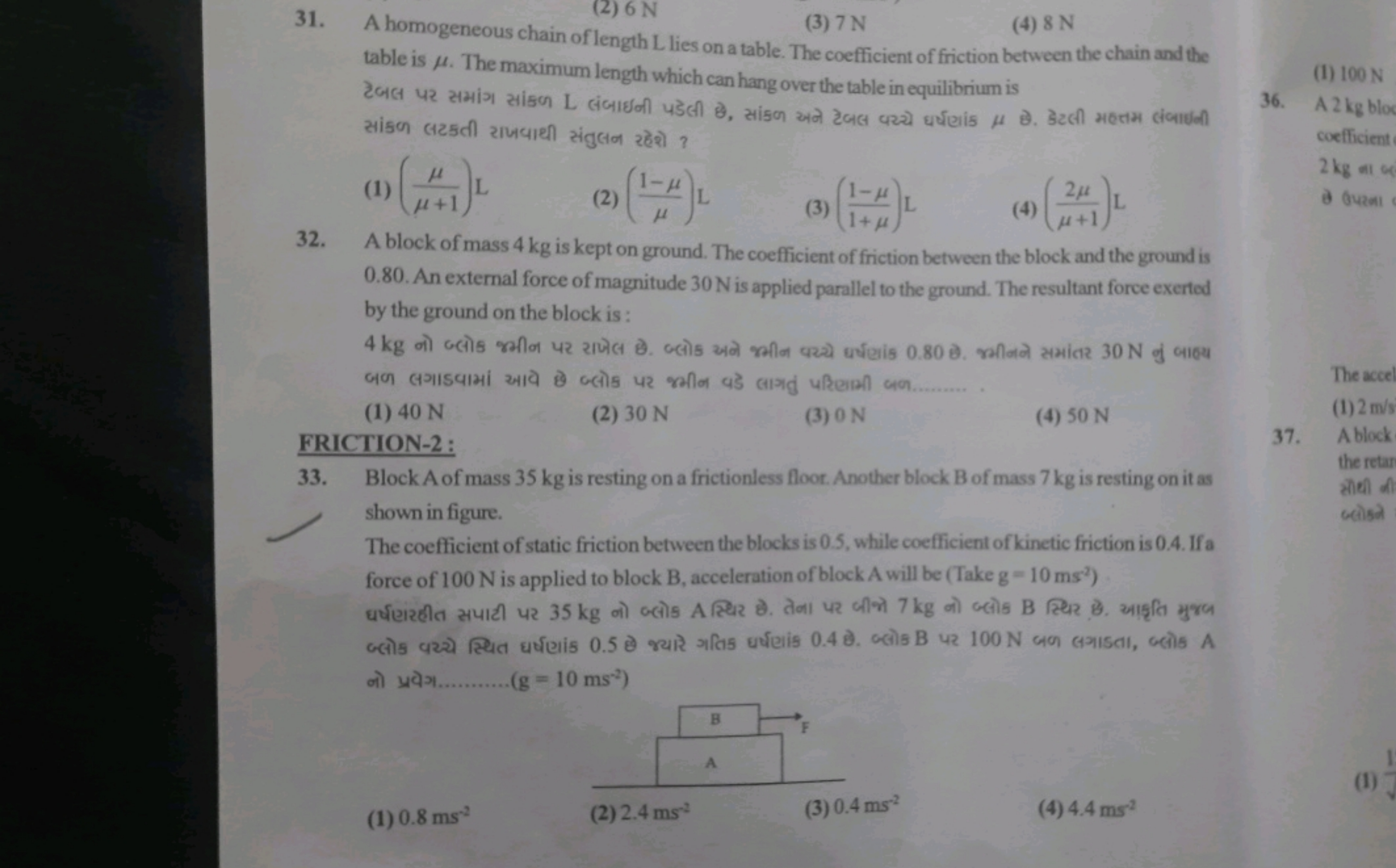 31. A homogeneous chain of length L lies on a table. The coefficient o