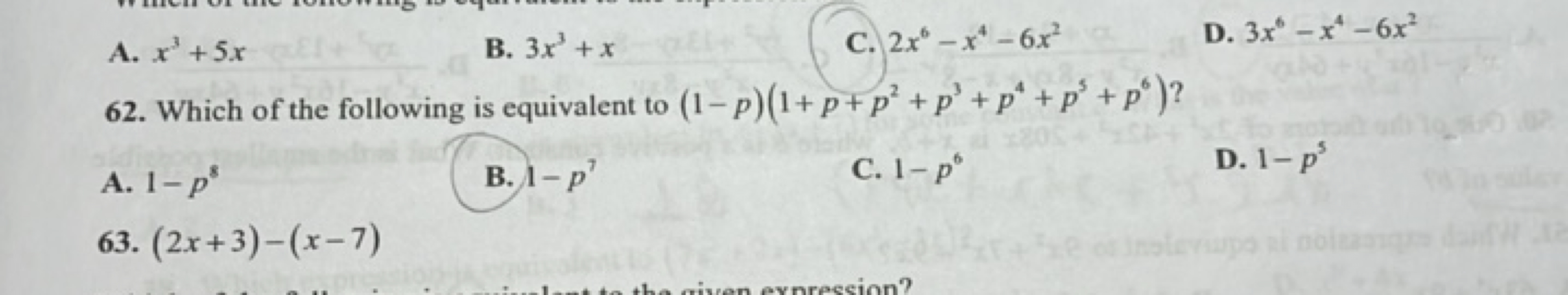 A. x3+5x
B. 3x3+x
C. 2x6−x4−6x2
D. 3x6−x4−6x2
62. Which of the followi