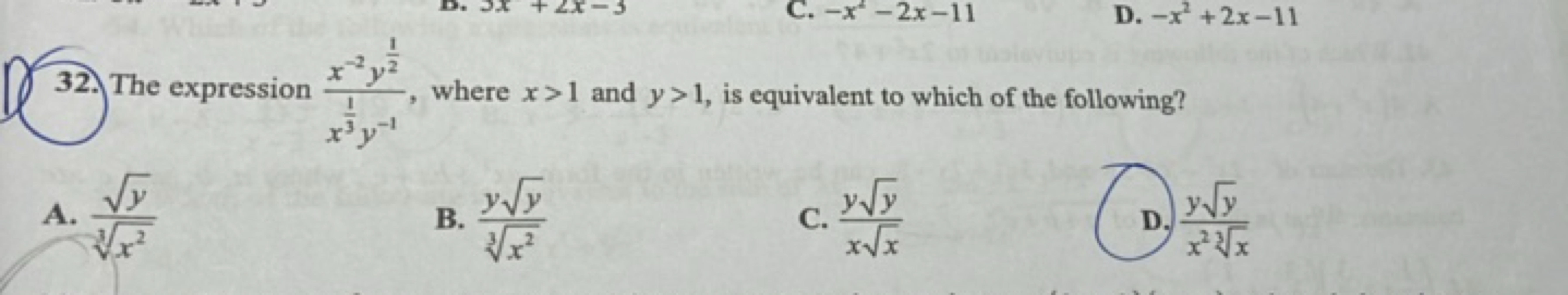 32. The expression x31​y−1x−2y21​​, where x>1 and y>1, is equivalent t