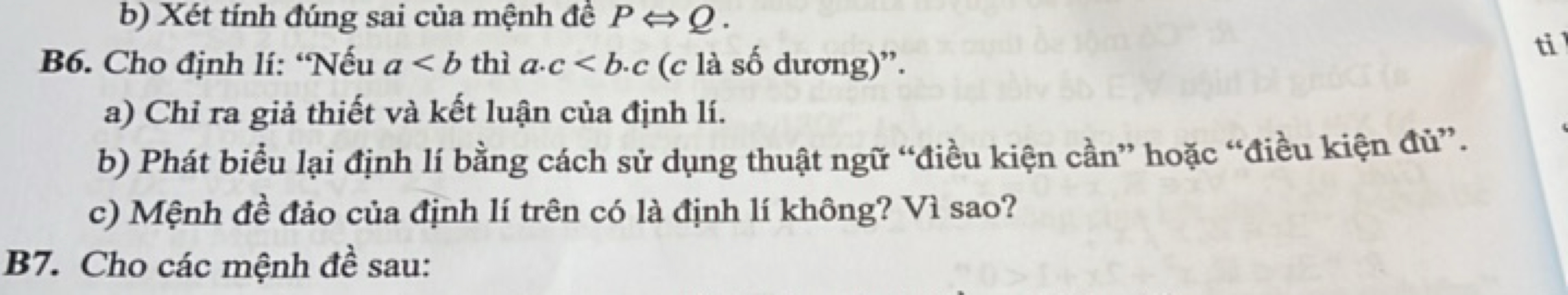 b) Xét tính đúng sai của mệnh đề P⇔Q.

B6. Cho định li: "Nếu a<b thì a