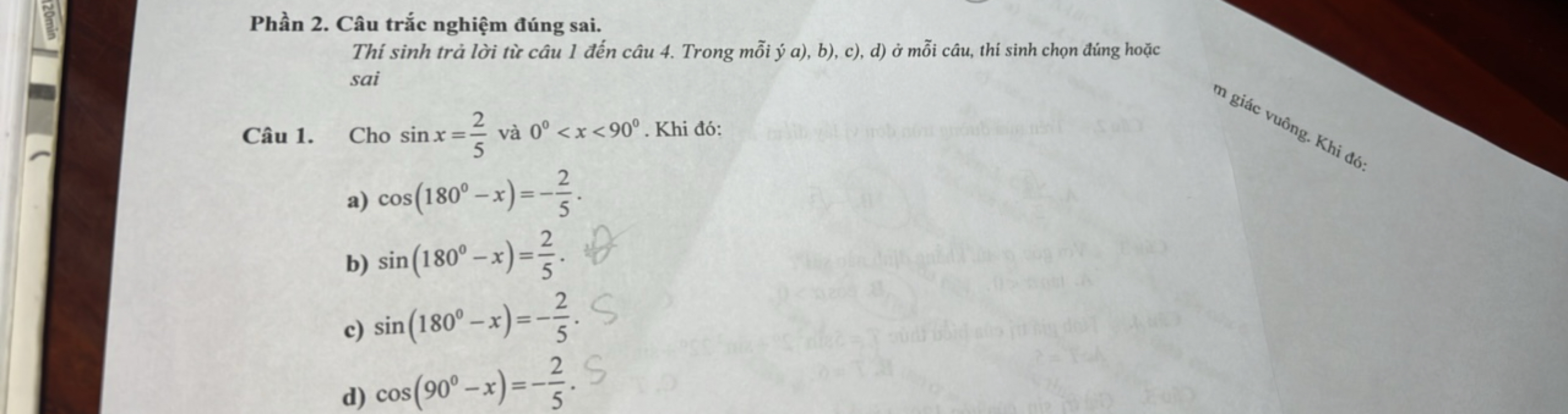 Phần 2. Câu trắc nghiệm đúng sai.
Thí sinh trả lời tù câu 1 đến câu 4.