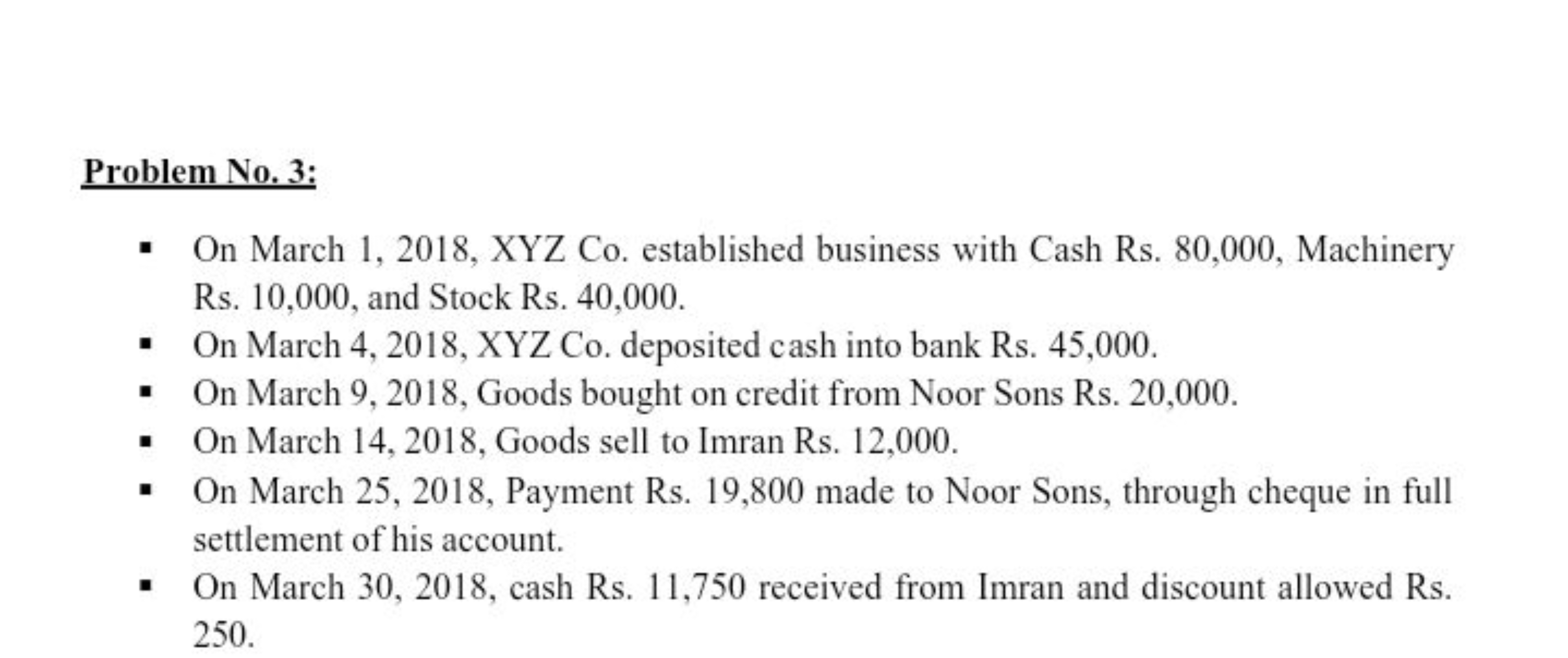 Problem No. 3:
- On March 1, 2018, XYZ Co. established business with C