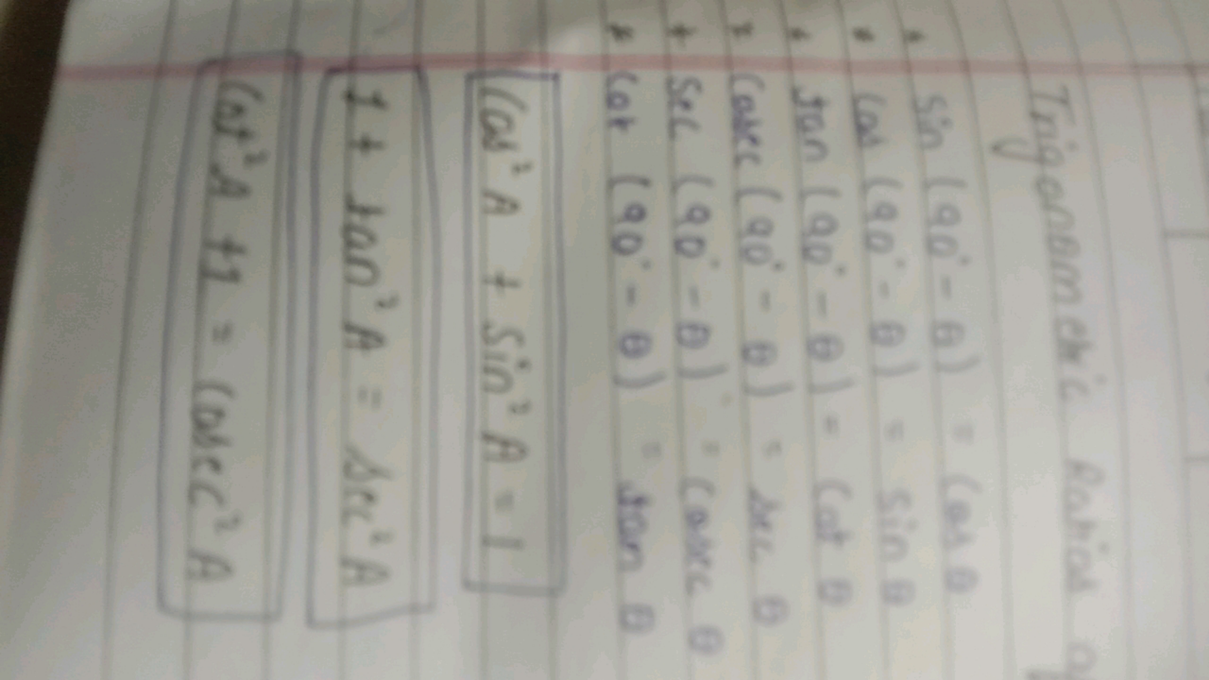 Trigonametric Ratios a
, sin(90∘−θ)=cosθ
- cos(90∘−0)=sinθ
- tan(90∘−θ