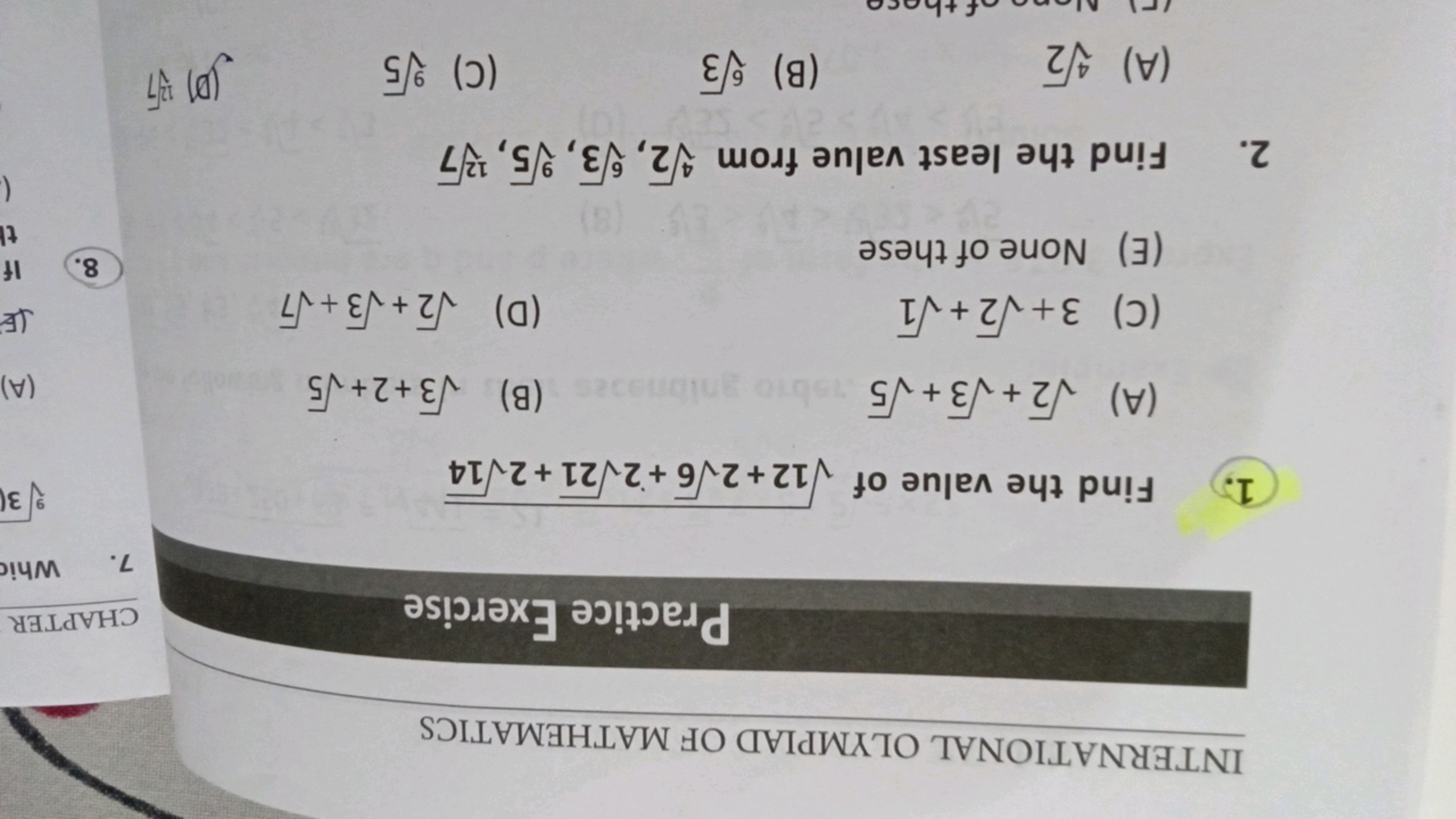 INTERNATIONAL OLYMPIAD OF MATHEMATICS

Practice Exercise
1. Find the v