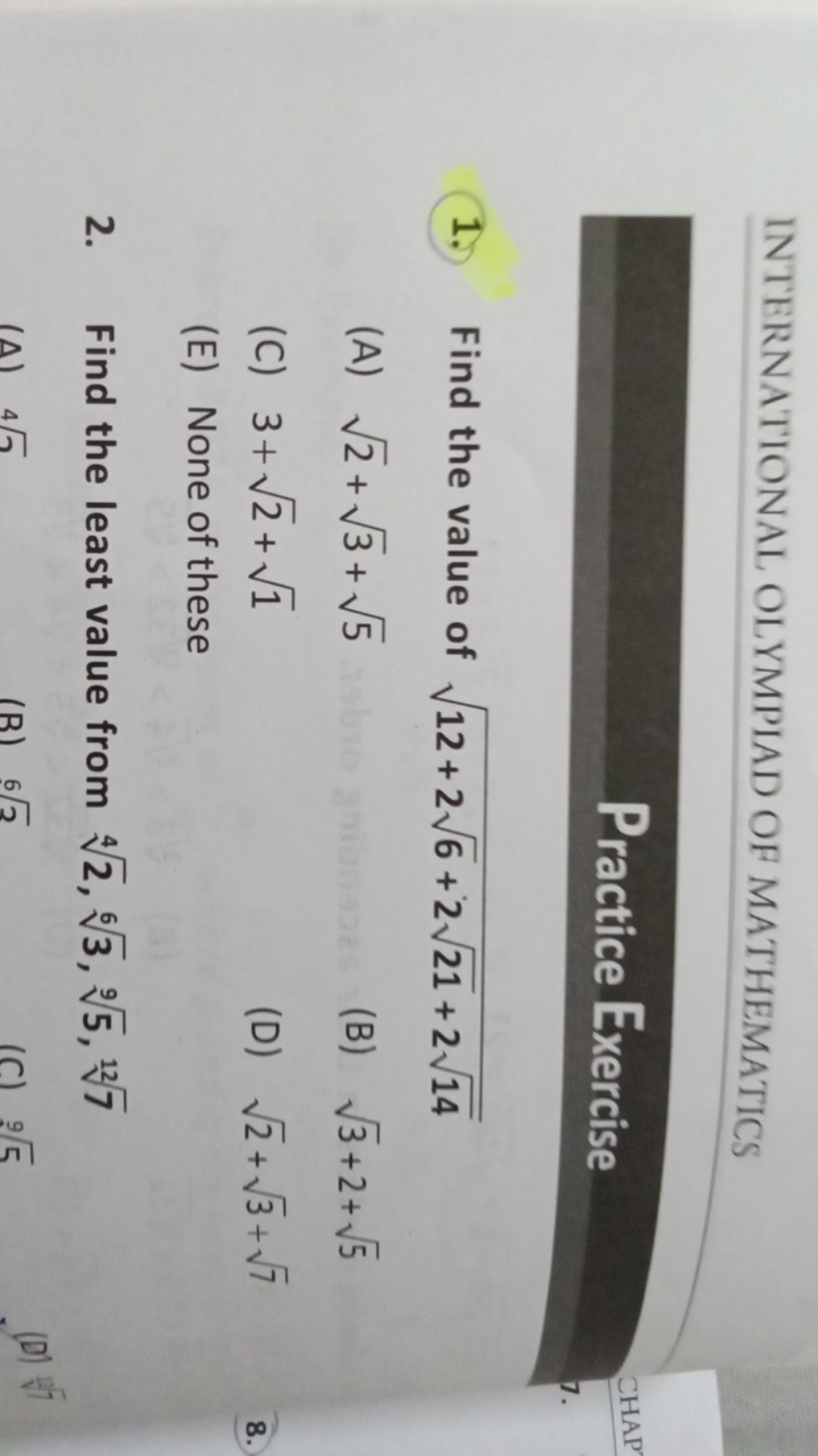 INTERNATIONAL OLYMPIAD OF MATHEMATICS
Practice Exercise
1. Find the va