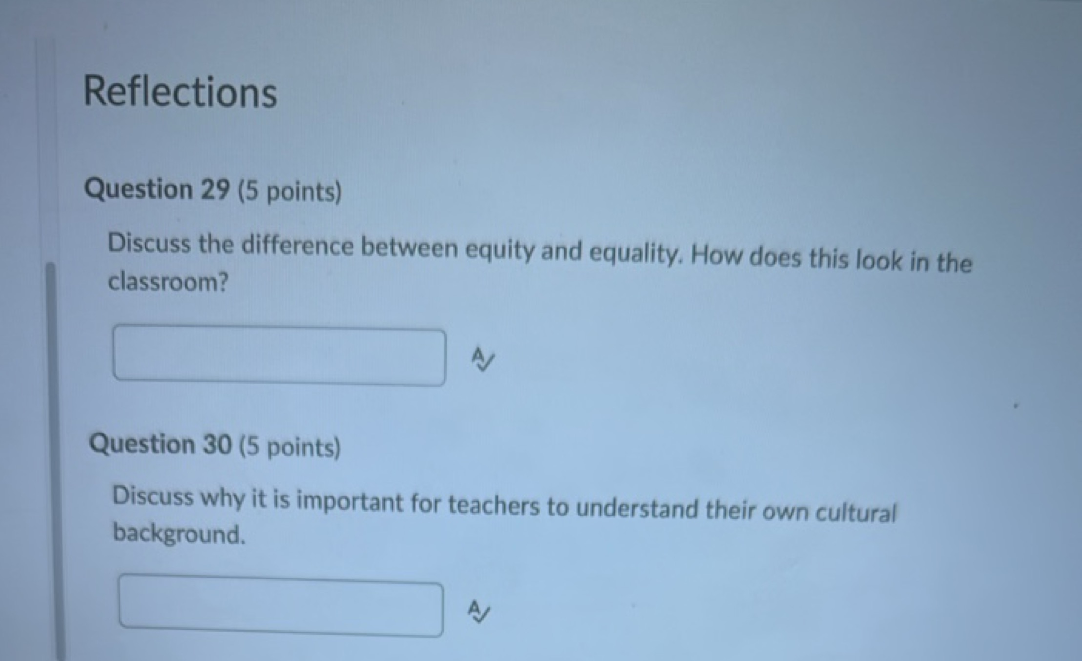 Reflections

Question 29 (5 points)
Discuss the difference between equ