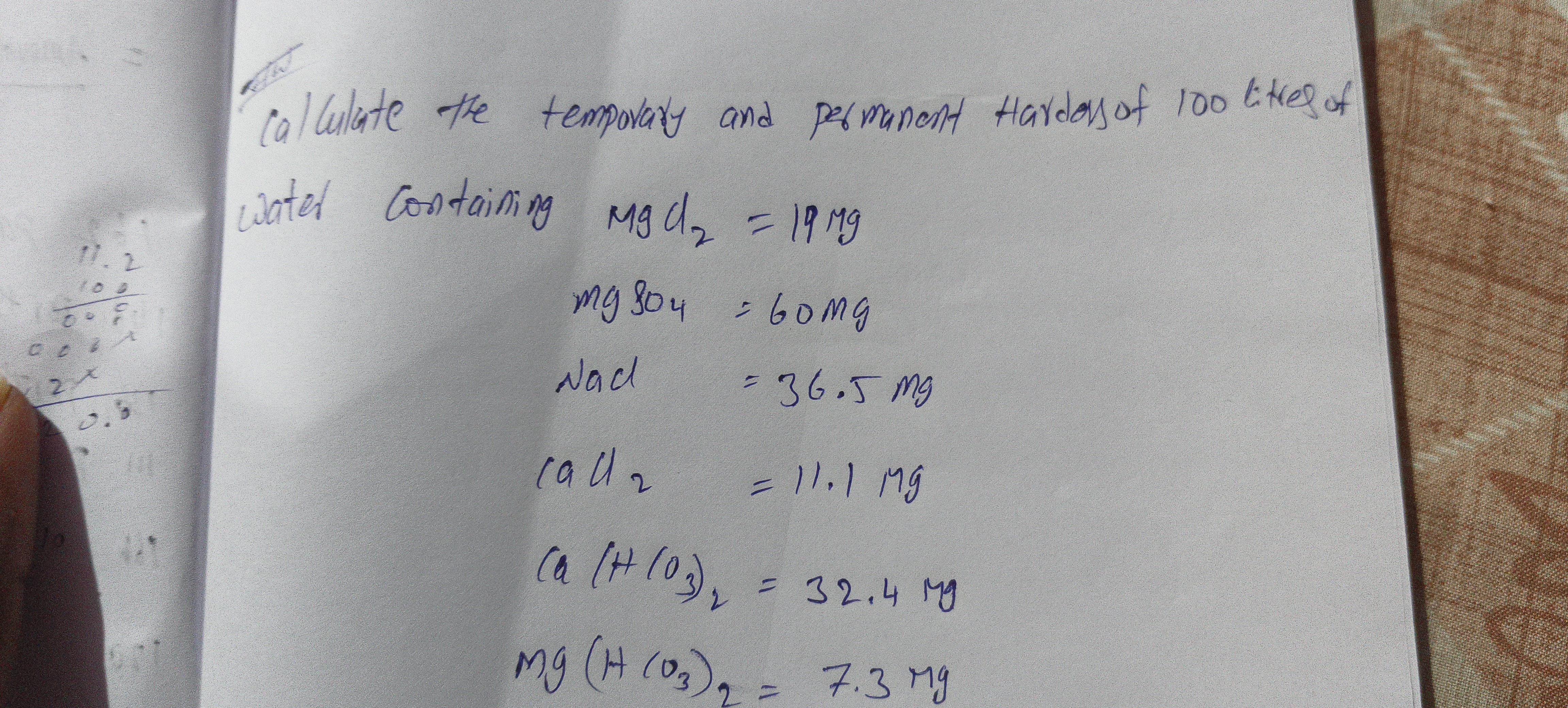 calculate the temporary and permanent Hardens of 100 litres of water c